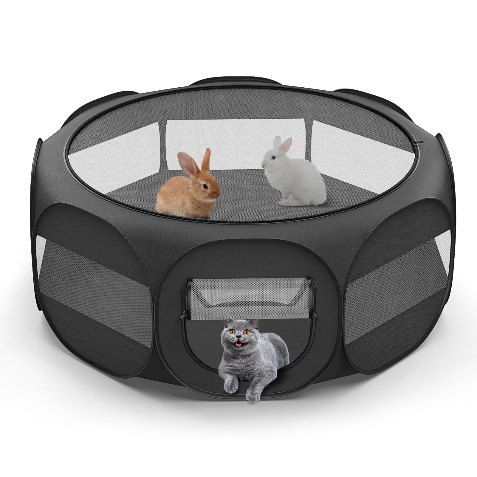 VavoPaw Box per Piccoli Animali, Tenda per Gatti Traspirante con Copertura a Cerniera Rimovibile e Base Impermeabile, Recinto Portatile per Cuccioli, Gattini, Conigli, Uso Interno/Esterno, Nero