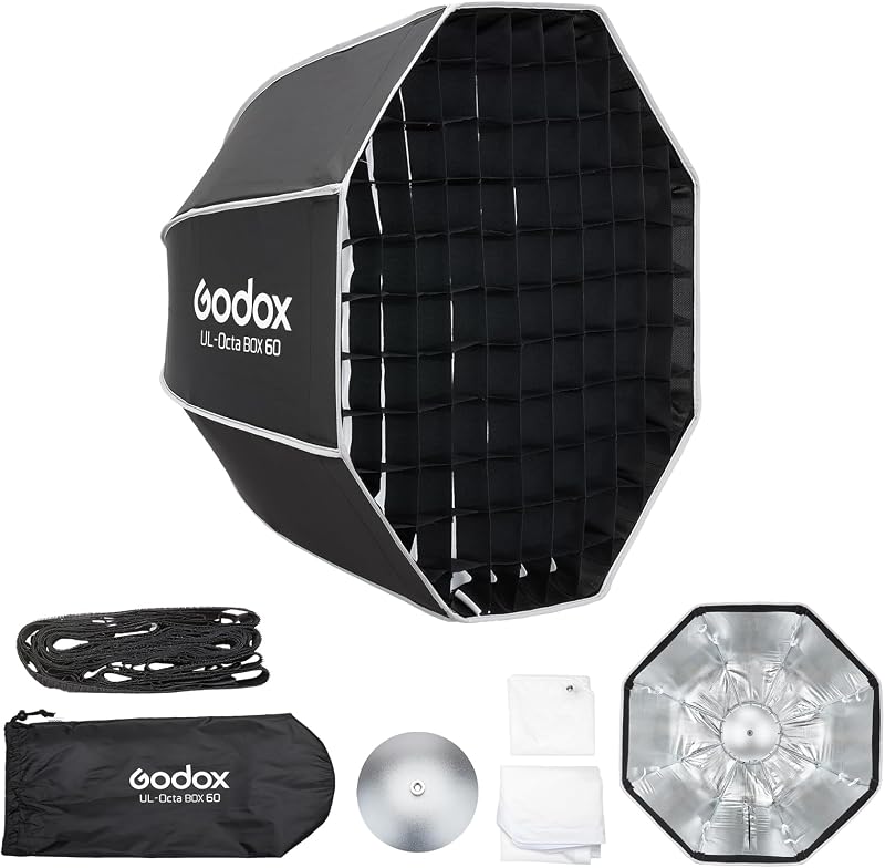 UL-Octa Box Softbox octogonal de liberación rápida de 60 cm / 24 pulgadas | Softbox plegable Octa Bowens con rejilla y difusores, Kit de Softbox GODOX para Softboxes de iluminación de Flash de fotografía
