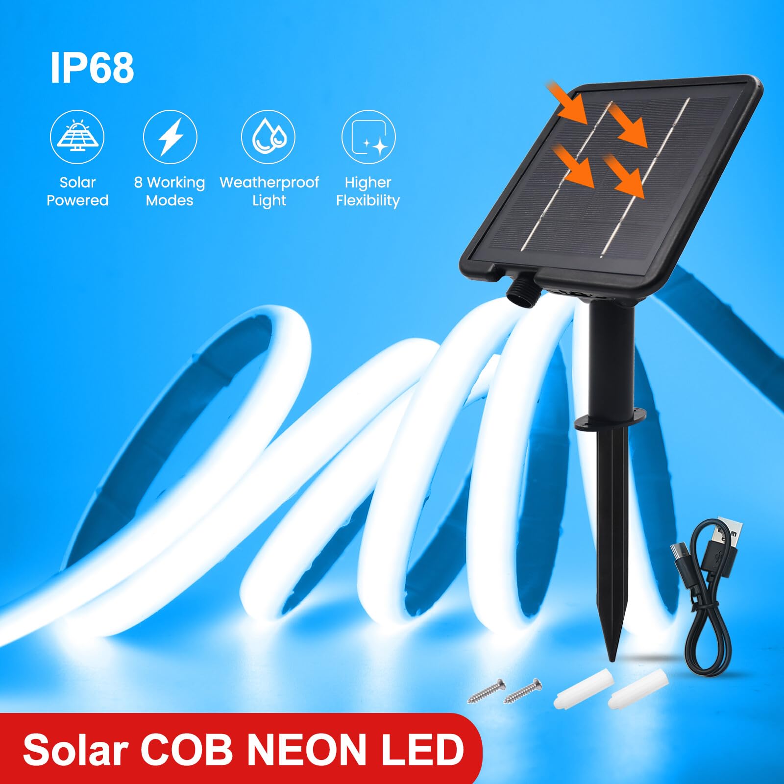 24V COB LED tira de neón [10m, Ice Blue], 2400MAH controlador de panel solar, 8 modos, IP68 a prueba de agua flexible FCOB LED tira de neón para el dormitorio Jardín Pasillo Decoración
