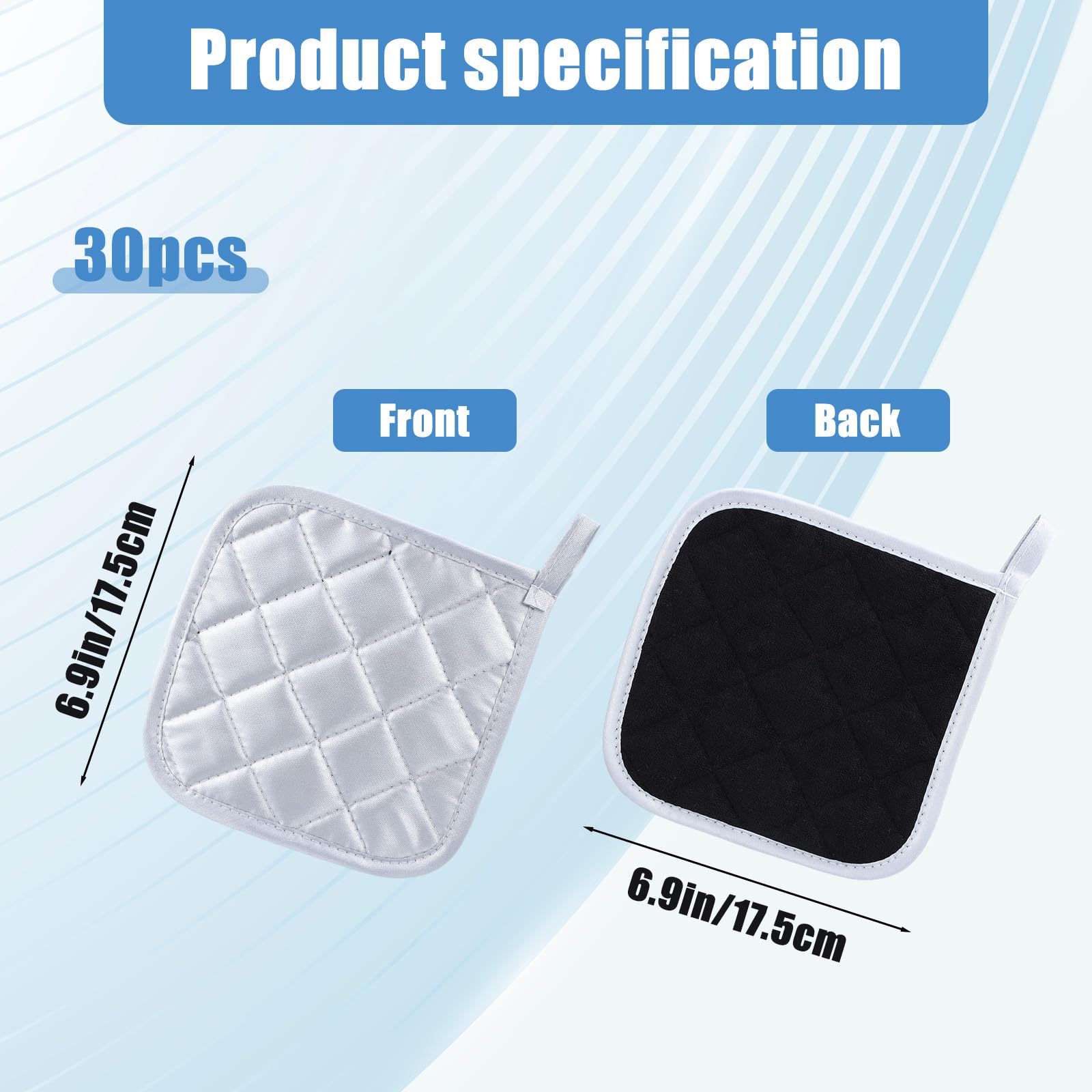 30 soportes de algodón para ollas a granel, guantes de horno resistentes al calor de 7 x 7 pulgadas con trabillas para colgar, almohadillas cuadradas para cocina, hornear (negro)