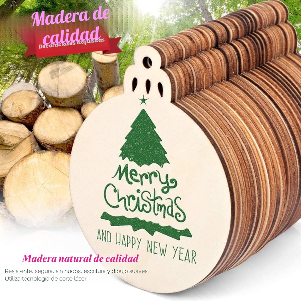100 Bolas Redondas Madera para Colgar Adornos Navidad, rebanadas Madera en Blanco con Cuerda para decoración del árbol de Navidad, Manualidades