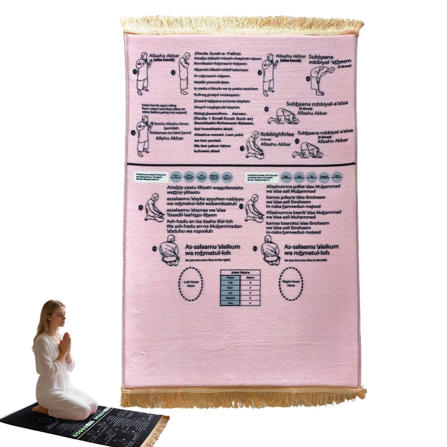 Bilingual Guided Prayer Mat, Interactive Guided Muslim Prayer Mat, Salah Learning Janamaz, Foldable & Non-Slip, Islamic Revert Gift, for Home Chambre and Travel (Pink, 70x110cm)