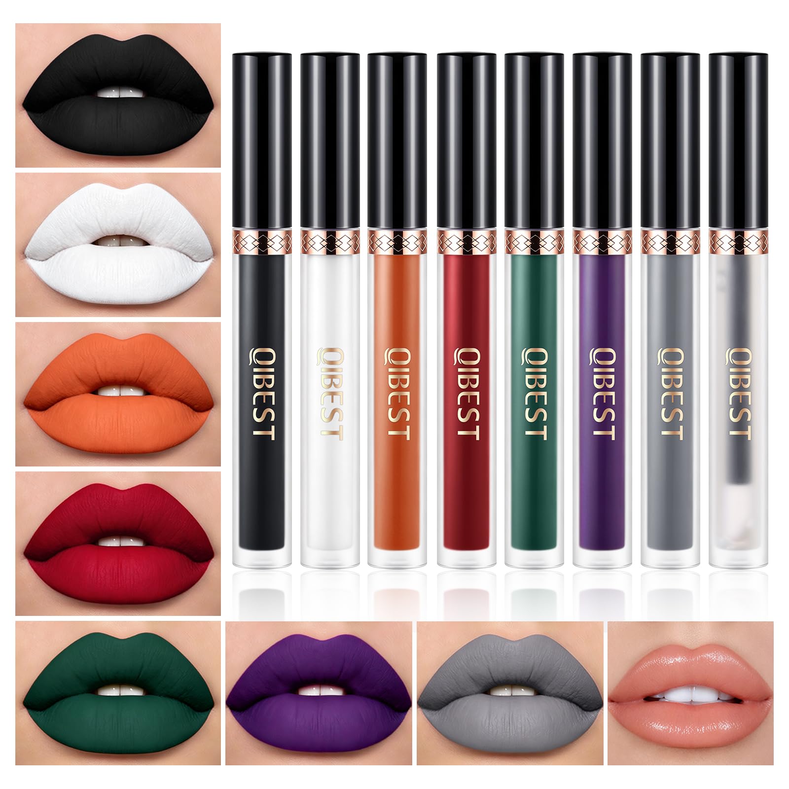 QiBest 8Pcs Goth Halloween Liquid Lipstick Makeup Set, 7 Matte Lipsticks with 1 Lip Plumper, Long Lasting Black White Red Gray Green Purple Orange Lip Gloss for Clown Vampire Witch SFX Cosplay Make Up Set 04