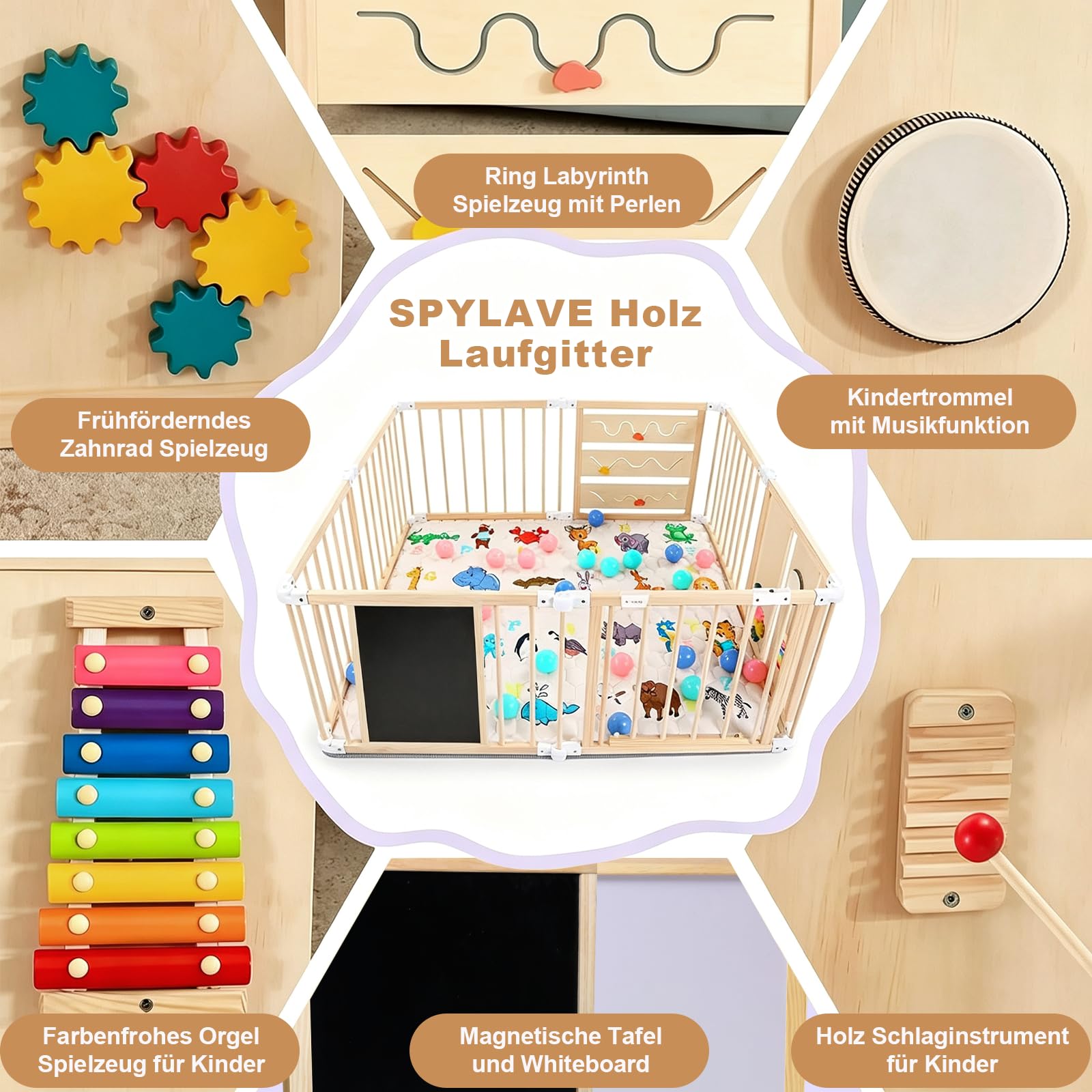 Laufstall Baby Faltbar mit Matratze&Spielplatte | 8 Stück, 150x150x60CM, Verstellbare Größe&Form, Indoor Spielplatz mit Montessori Spielplatte&Bälle, Babys Kleinkinder, Natur