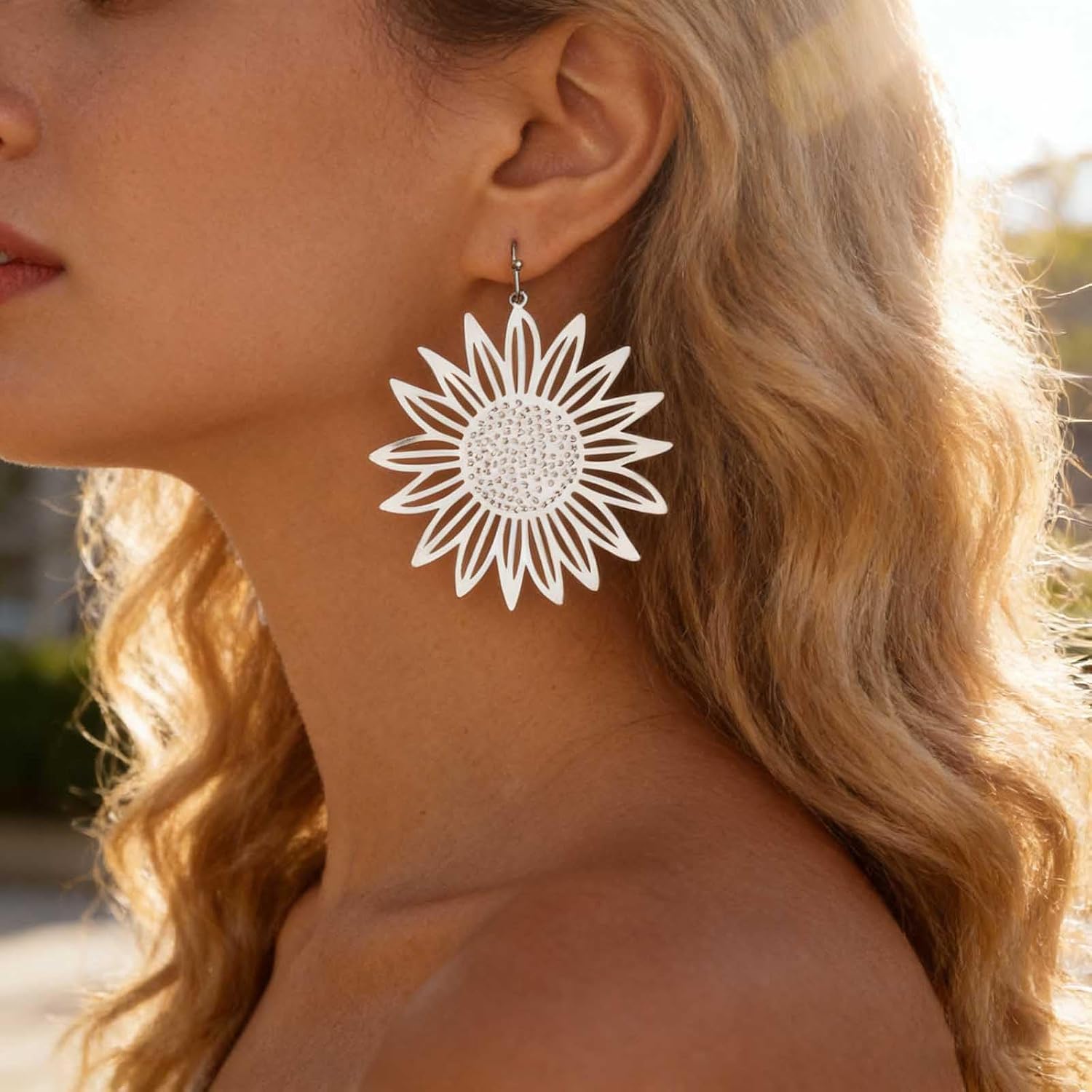 Andelaisi Boho Sunflower Dangle Earrings Vintage large Hollow Flower Earring Gold Metal Floral Drop Earring Sunflower Lily Petal Hook Earrings Jewelry for Women - Image 2