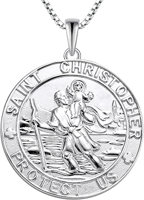 YL St Christopher Necklace Solid 925 Sterling Sliver Engraved Pendant Round Religious Talisman Jewelry for Women