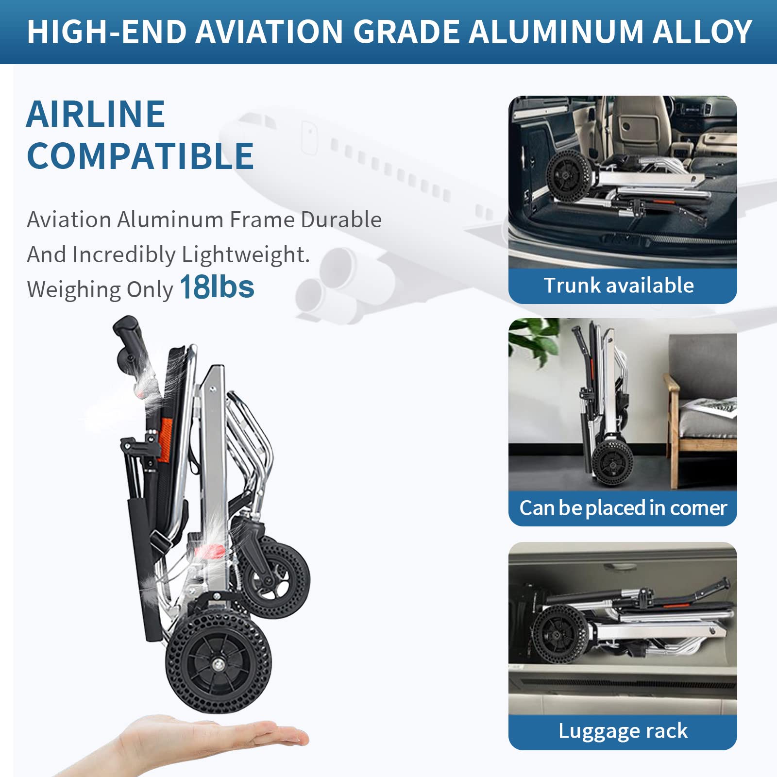 Faltbarer leichter Rollstuhl mit Handbremse – tragbarer Reise-Rollstuhl für Erwachsene, Kinder, ältere Menschen – Trolley aus Aluminiumlegierung
