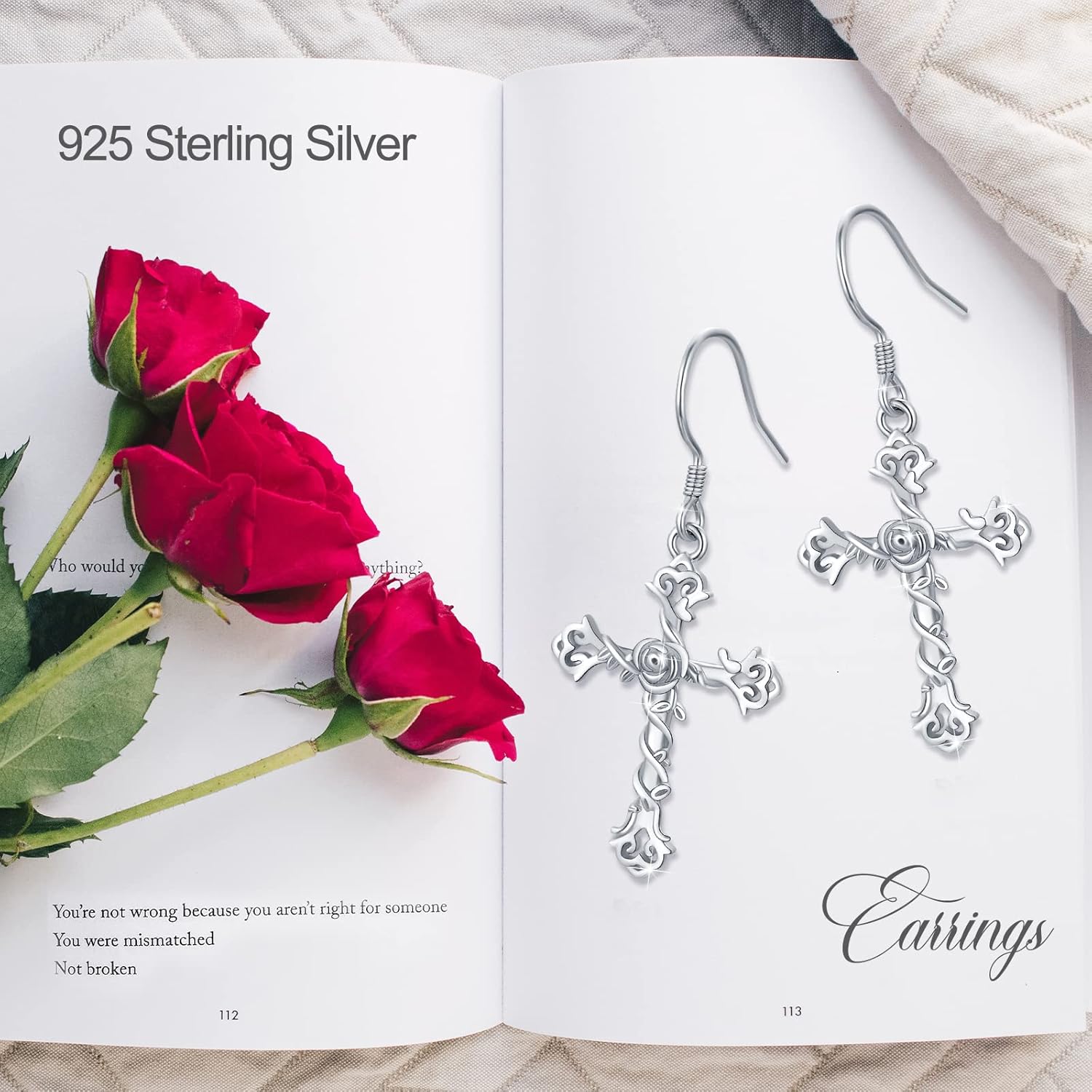 Cuoka 925 Sterling Silver Rose Flower Cross Leverback Dangle Earrings - Religious Crucifix Jewelry for Women
