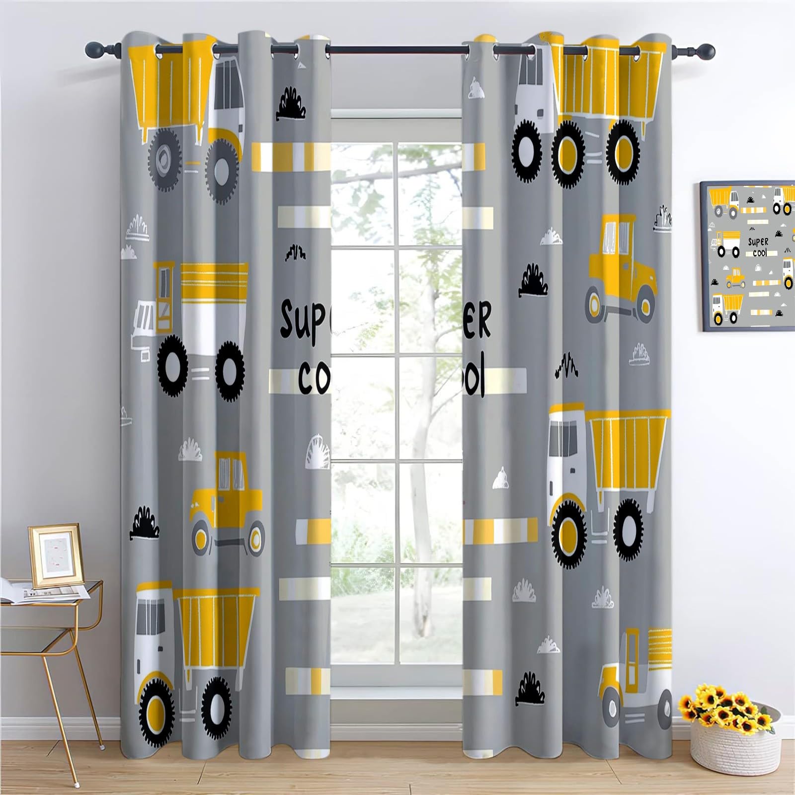 Zestaw 2 zasłon zaciemniających z kreskówki, dekoracja domu, silnik budowy, koparka, z oczkami dla dziewczynek i chłopców, 132 l x 240 cm, 2 sztuki
