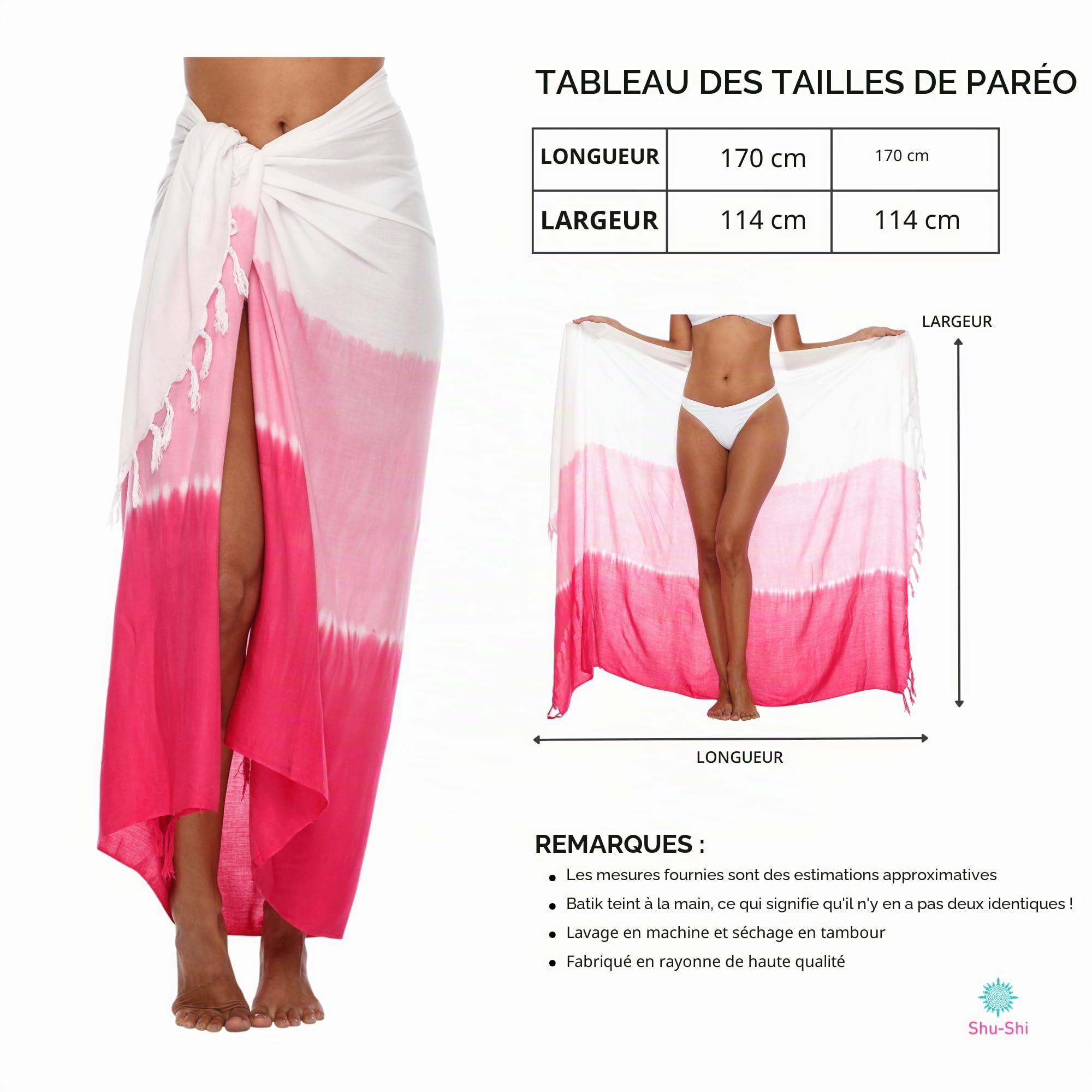 SHU-SHI - Sarong/paréo - pour Femme - Look de Plage - à Porter au-Dessus du Maillot de Bain - dégradé de Couleurs