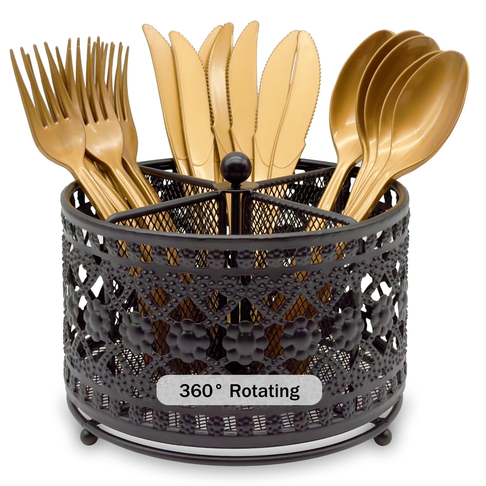 360° Rotating Metal Utensil Caddy - 4 Compartment Vintage Silverware Cutlery Holder Fork Spoon Napkin Organizer Flatware Storage Basket Party Countertop Buffet Picnic Camping Outdoor Black