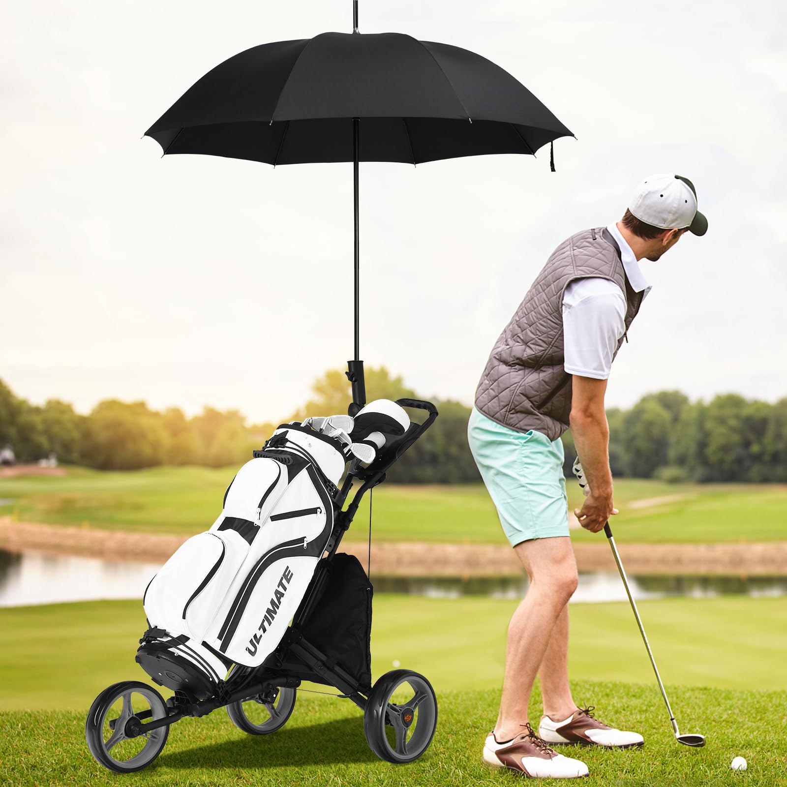 GYMAX Carro de Golf Plegable 3 Ruedas con Asa Ajustable, Soporte Paraguas y Portavasos