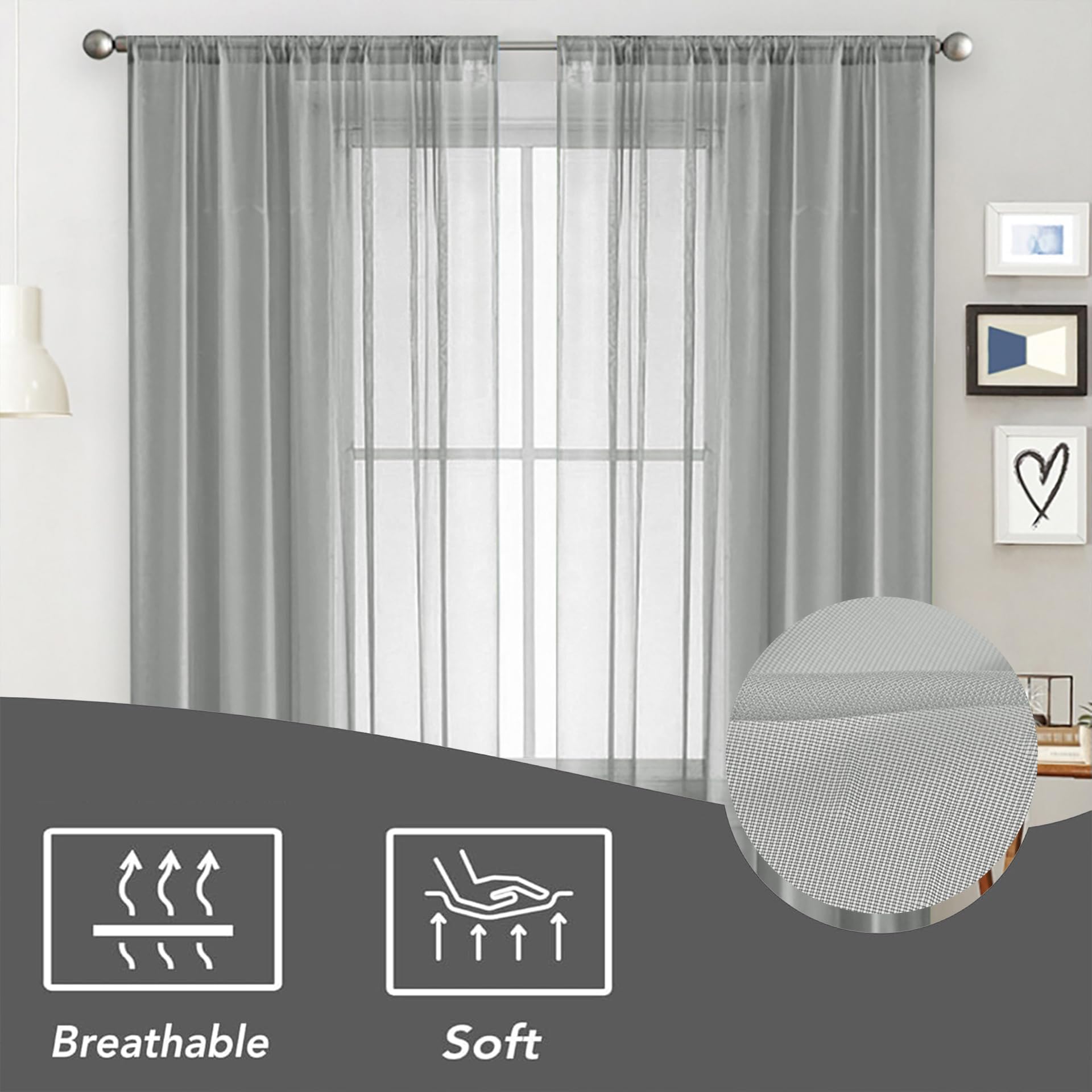 Halbtransparente Vorhänge 130 x 200 cm Luftige Soft Raumteiler Vorhang Viele Attraktive Farbe für Bürobereich, Balkonzimmer, Grau