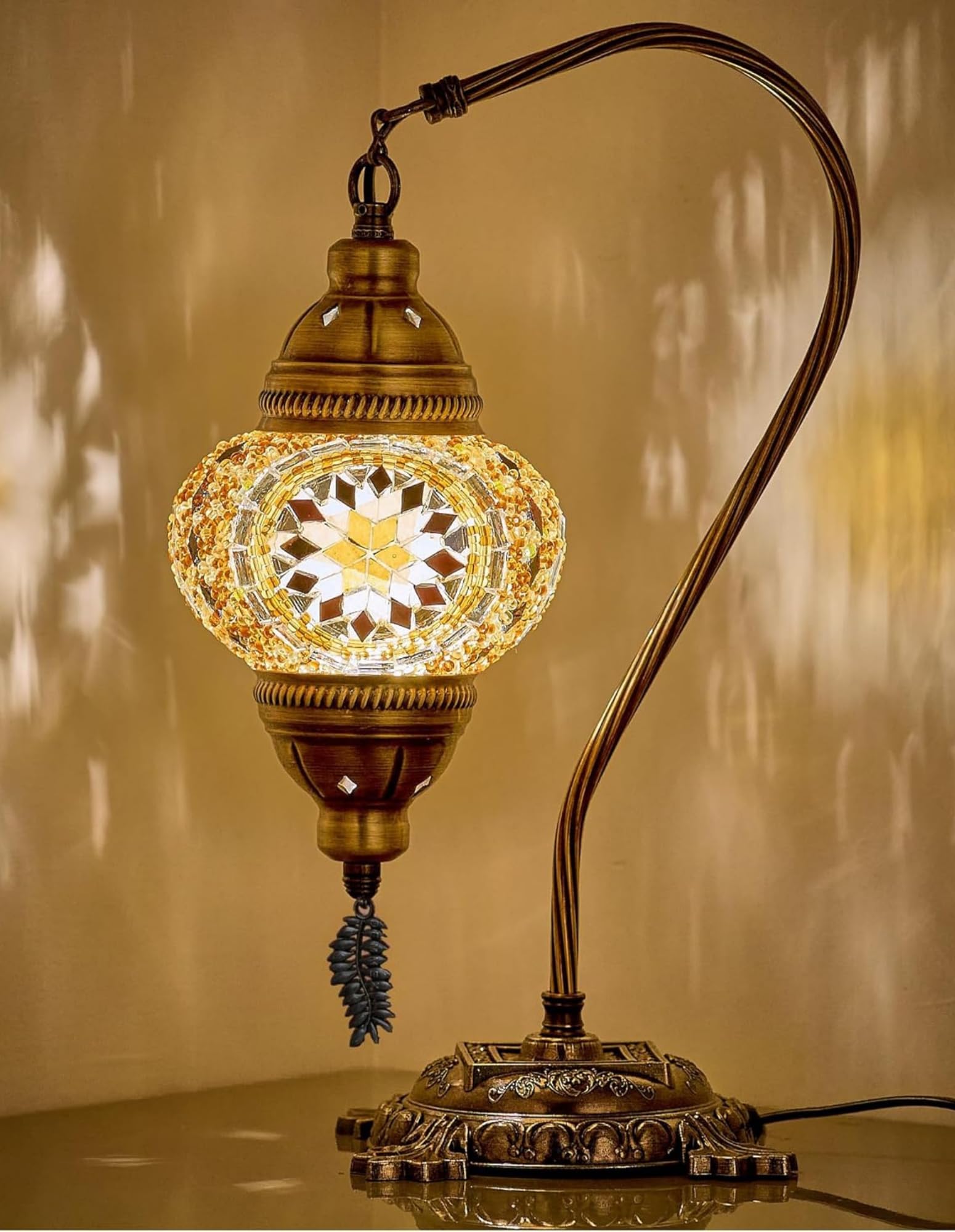 DEMMEX Turkish Moroccan Mosaic Table Lamp–Handcrafted Tiffany-Style Colorful Glass Swan Neck Bedside, Desk Light, Boho Artisan Accent Lighting for Bedroom, Living Room–38cm H, Brown-Amber