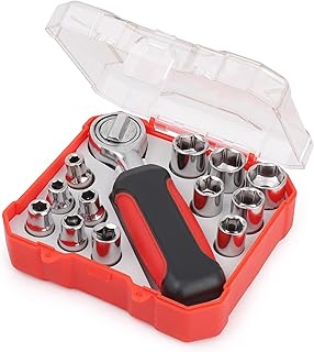Apollo Tools 13-piece ¼ Inch Drive Metric Socket Set, Includes ¼ Inch Easy Reverse-Switch Ratchet Handle and 12 Most-Used Sockets in Compact, Clear Lid Case- DT5023