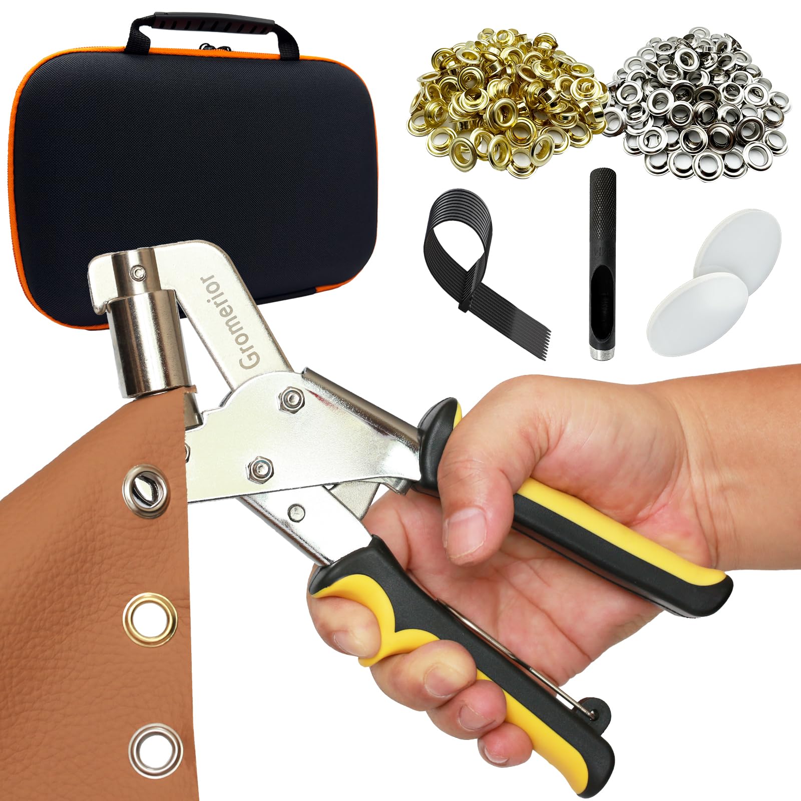 Gromerior Premium Grommet Tool Kit (3/8 inch 10mm) with Case & 300 Sets Grommets, Heavy-Duty Eyelet Press Plier & Hole Punch Included, Grommet Maker