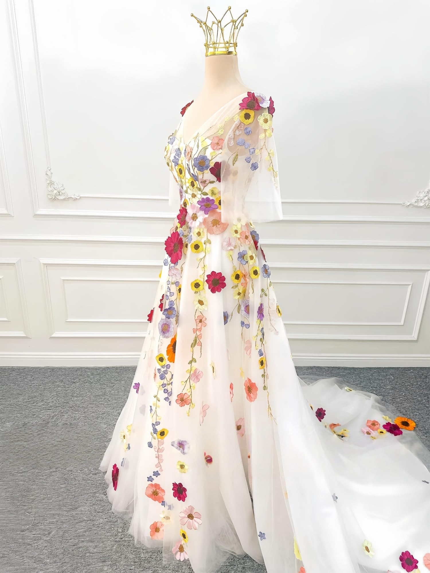 TSxuelian Fiori 3D Mezze Maniche Abito Da Sposa Ricamo Floreale Tulle Una Linea Puff Abiti Da Sposa per Le Donne Vestidos De Noche