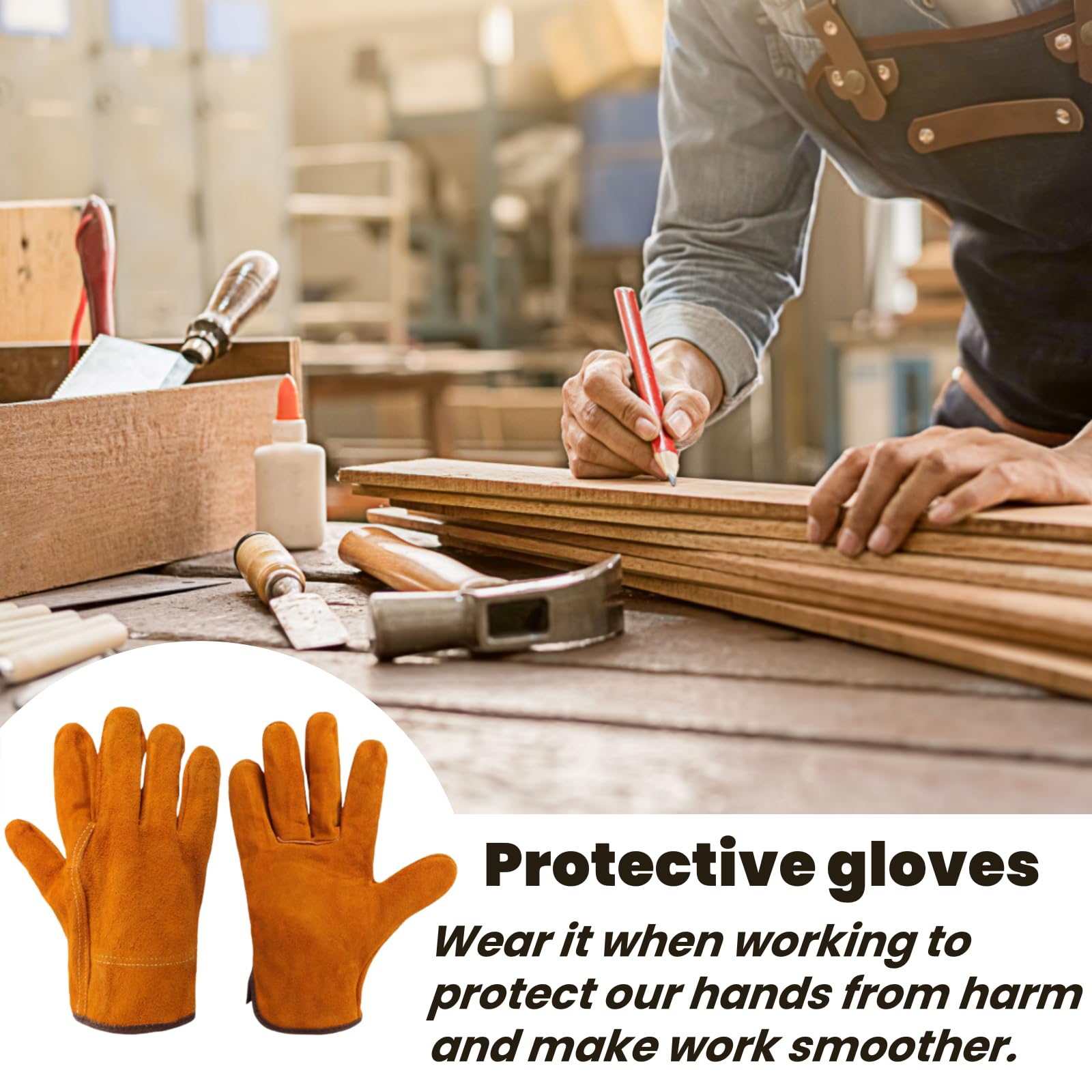 Tokaneit 2 Piezas Guantes Soldador Profesionales, Guantes Jardinería Cuero, Guante Cuero Soldadura, Doble Costura en Los Dedos, para Soldar Electrodo, Barbacoas, Jardinería, Amarillo
