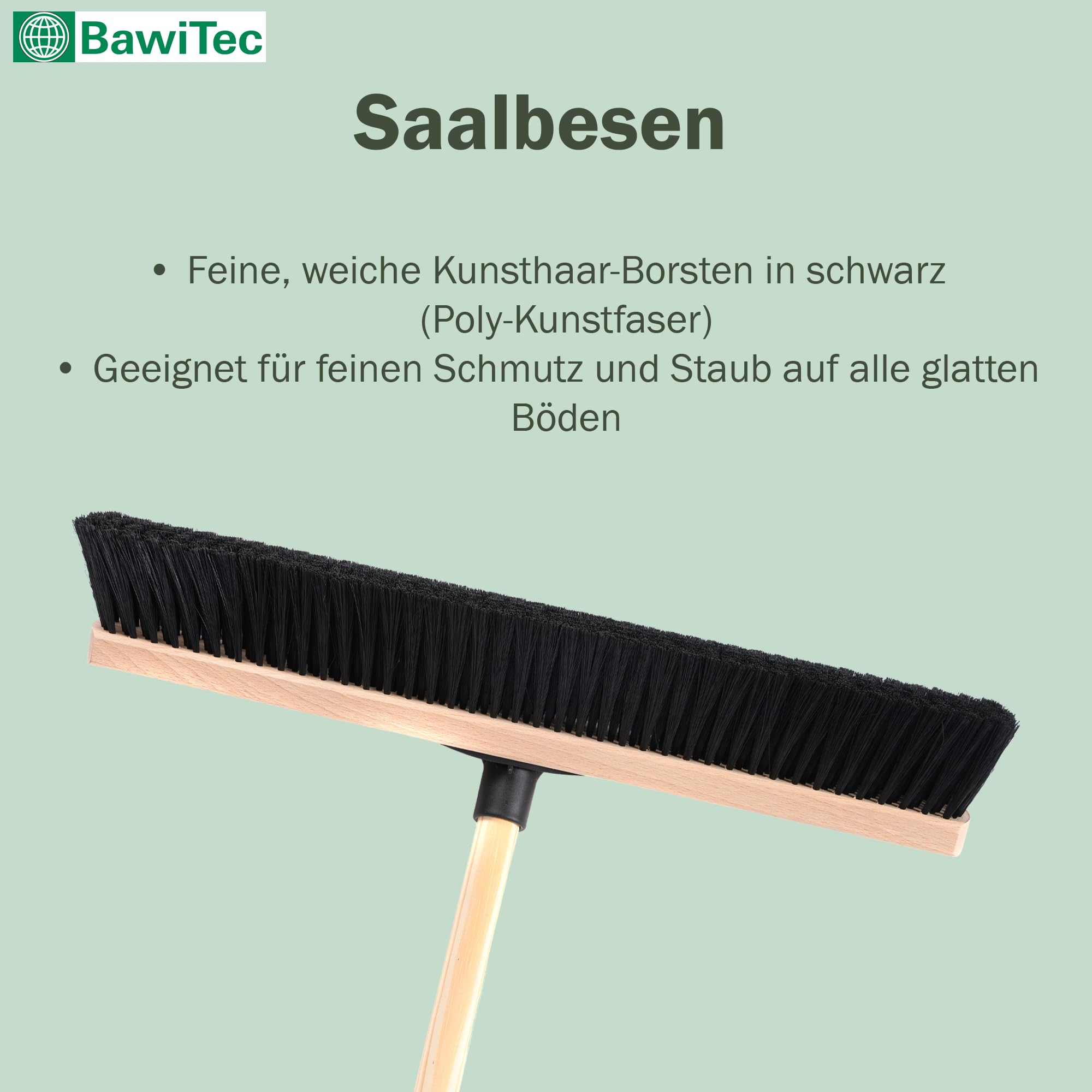 Saalbesen weiche Kunsthaar Borsten 60 cm Breit mit Stiel 160 cm Lang Holz | QuickFix-Stielhalterung, mit Holzstiel, Poly-Kunsthaarborsten, Industriebesen