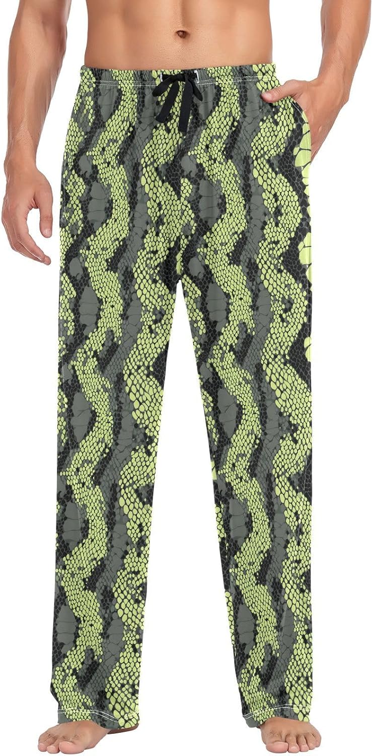 ALAZA Light Green Snake Print Men's Pajama Pants Men Cotton Pajama Bottoms with Pockets, S