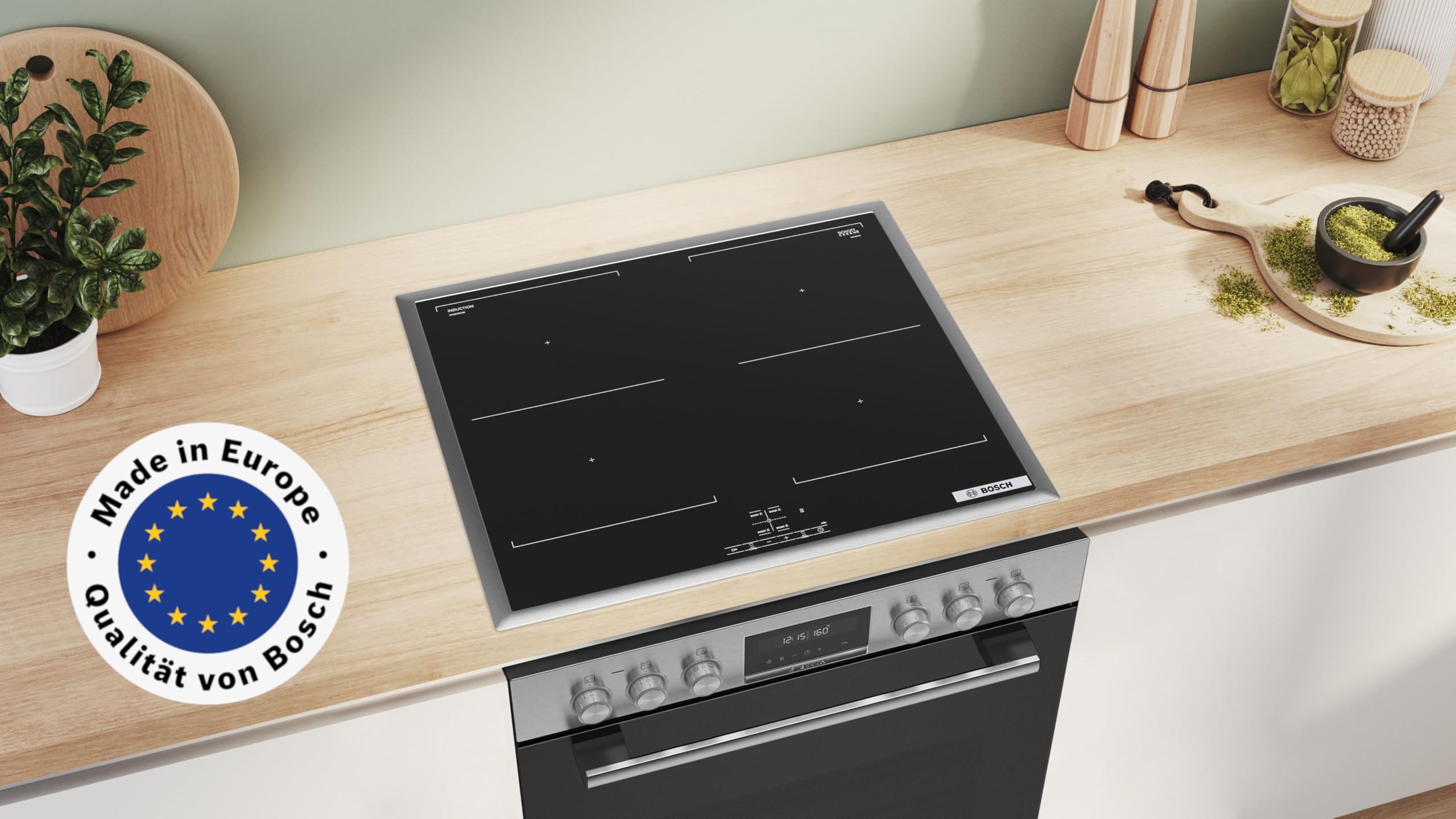 Bosch Einbauherd-Set HND677LS67, Serie 6 Einbau-Herd 60 cm mit Pyrolyse-Selbstreinigung und 3D-Heißluft HEB578BB4, Serie 4 Induktionskochfeld 60 cm herdgesteuert, Combi Zone und Power Boost NVQ645CB6E