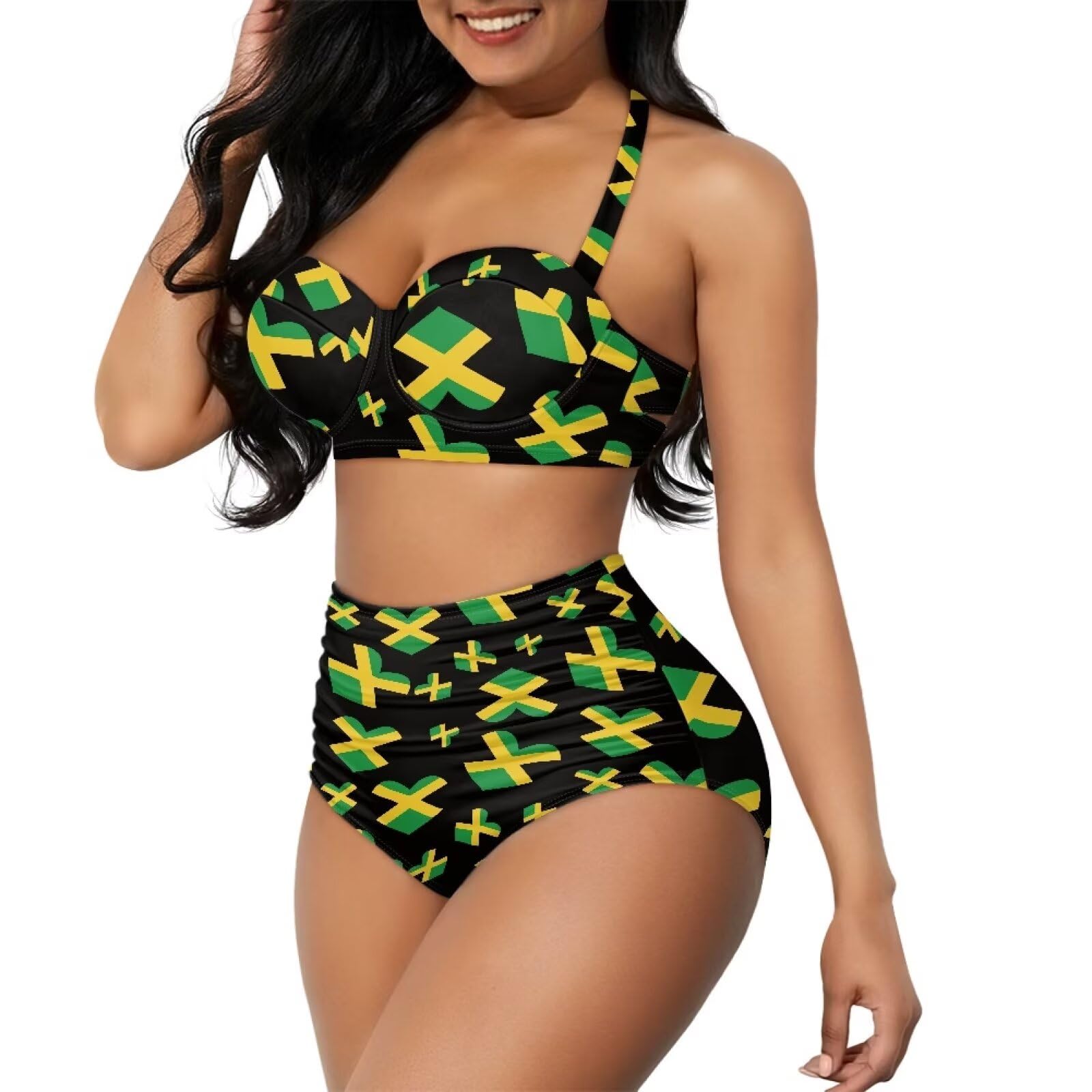 TOADDITDO Jamaican Flag Pattern Women's Bikini Sets Two Piece Swimsuit High Waisted Twist Front Adjustable Halter Bathing Suit