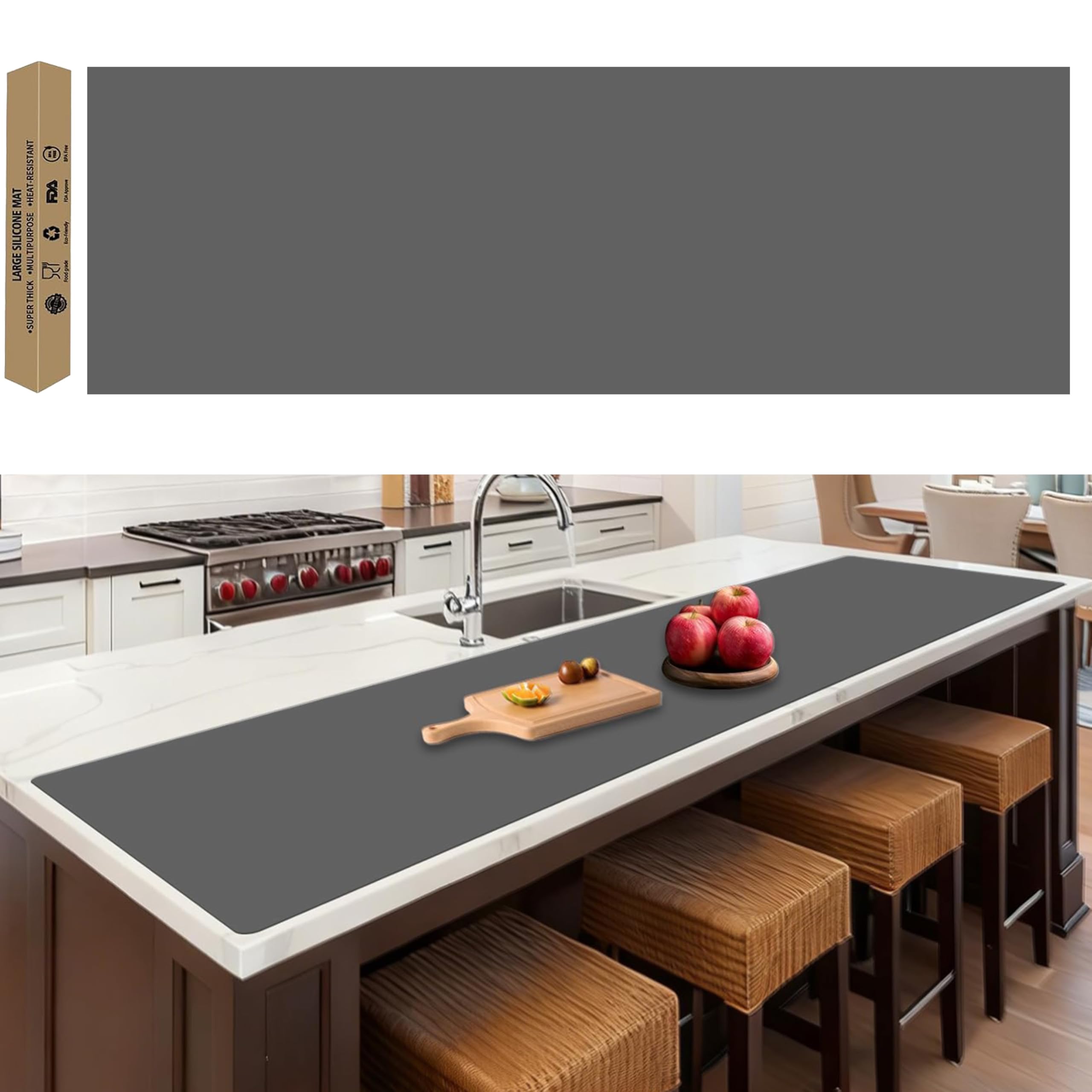 72''x16''(180cmx40cm) Extra Large Silicone Mat for Kitchen Counter, Heat Resistant Countertop Protector, Non-Slip Waterproof Kitchen Island Mat, Easy to Clean, Dark Gray