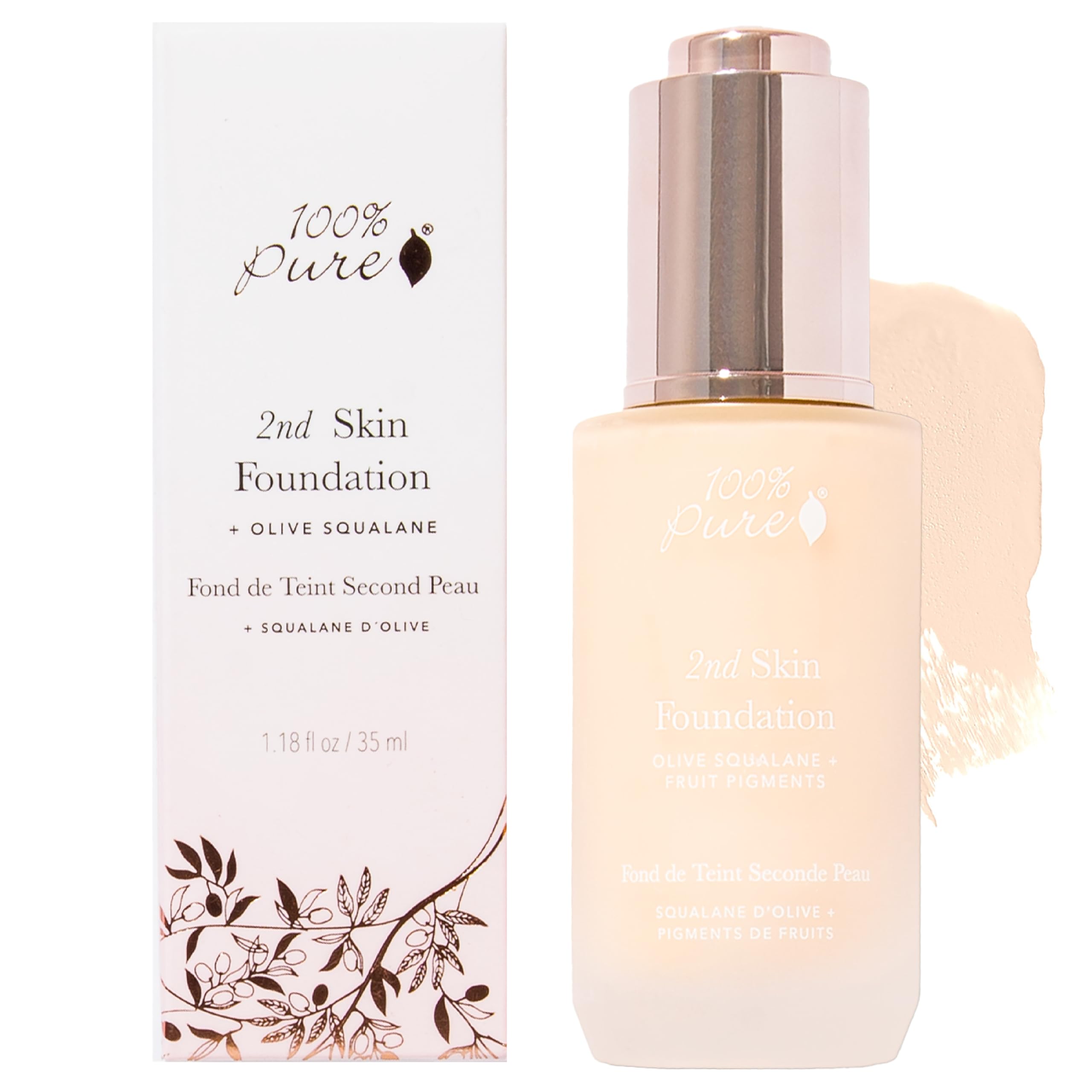 100% PURE 2nd Skin Lightweight Serum Foundation Anti-Aging Face Makeup - Blendable Coverage Liquid Hydration Boost for Soft Plumped Up Glow, Vegan Shade 1 (Neutral w/Yellow Undertone) - 1.18 Fl Oz