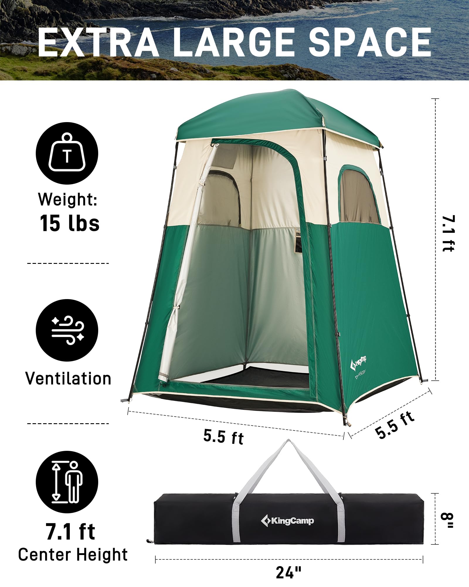 KingCamp Duschzelt, tragbares Sichtschutzzelt, Outdoor-Camping, 1/2 Zimmer, Toilettenzelte mit Duschtasche & Ankleidezimmer für Strand, Camping & Wandern