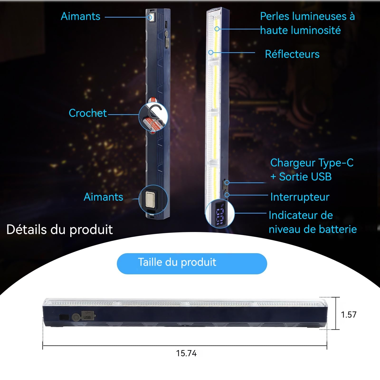 LETOUR Baladeuse LED Mécanicien Rechargeable 216 LEDs Lampe de Travail Aimantée 7500mAh Super Lumineuse Dimmable Pour Atelier Garage Moto Auto