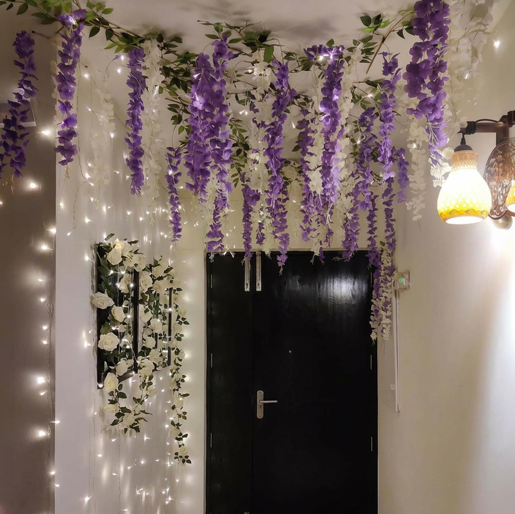 Special You Artificial Wisteria Flowers Decoration Items kit Includes Purple & White Artificial Flower with Peach Rose Vines and Fairy LED Light for Home, Wall, Room Decor Items- 15 pcs-image-40