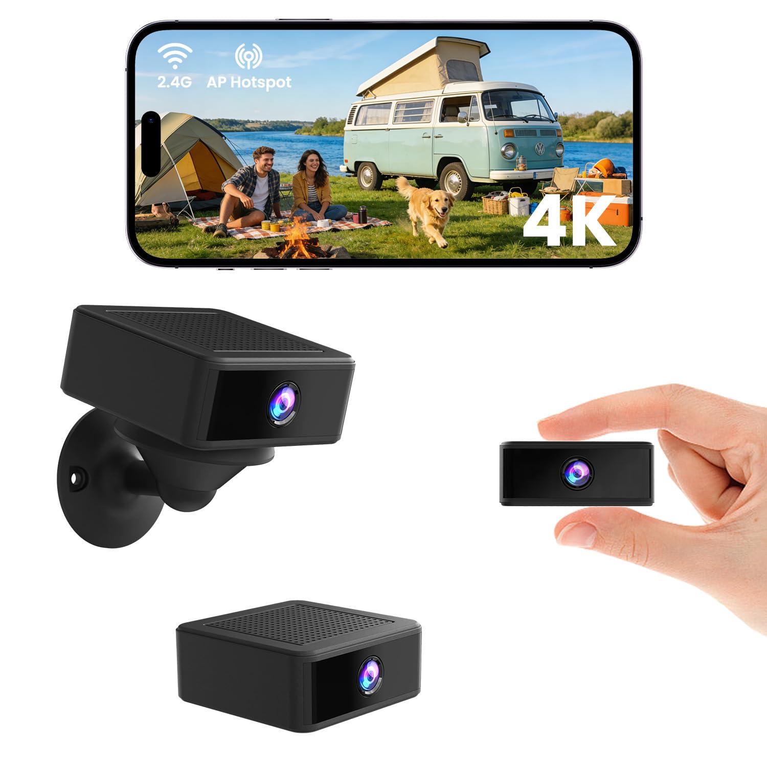 Mini Telecamera Wifi Interno 4K HD Telecamera Wifi/Senza Wifi Microcamera Senza Fili Videocamera Sorveglianza con Visione Notturna, Montaggio Adesivo, Magnetico o con Viti, Per Auto/Casa/Bambini