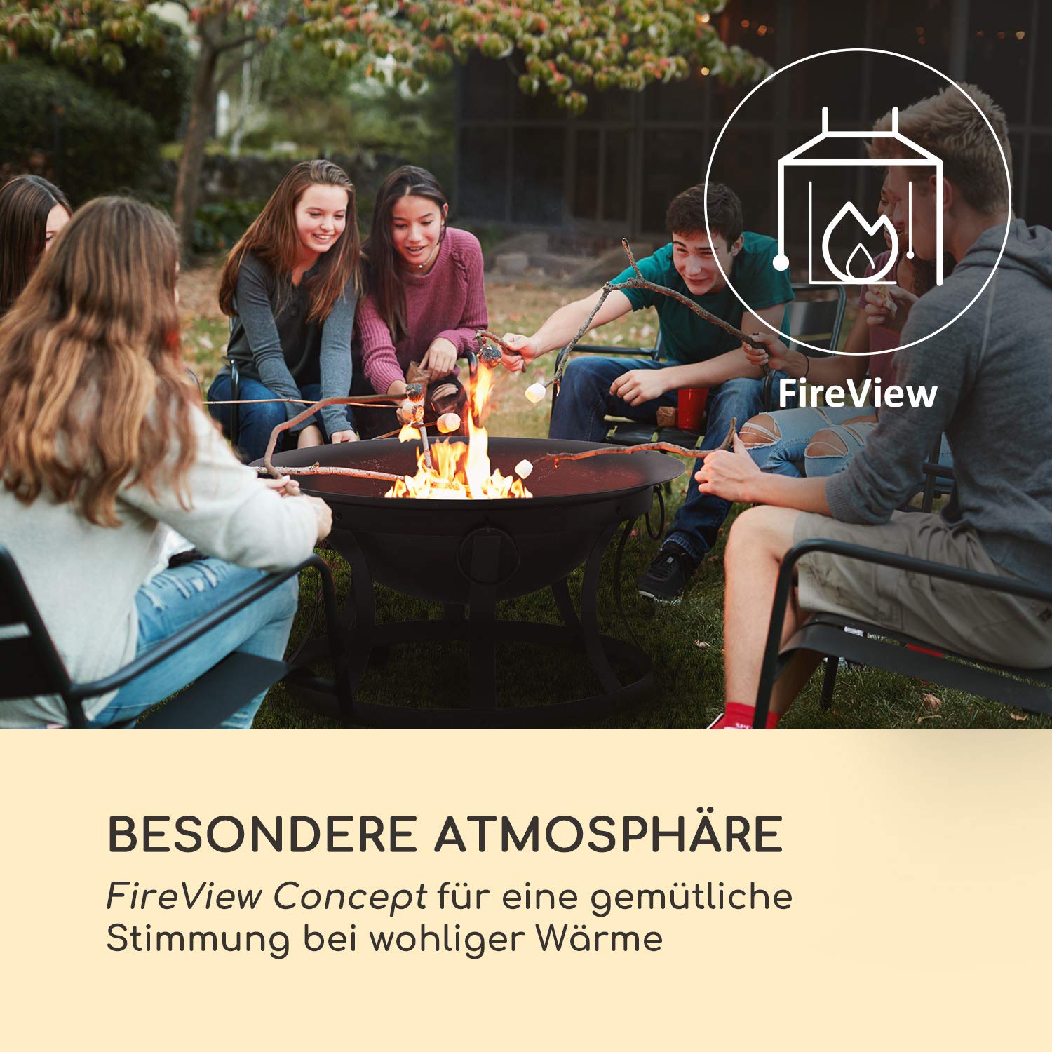 blumfeldt Pentos 2-w-1 misa paleniskowa i grill (Ø 73 cm, zdejmowana ochrona przed iskrami, Ø 60 cm ruszt do grilla, FireView Concept, żeliwo, nośnik, w zestawie pogrzebacz i ruszt do grillowania), kolor czarny