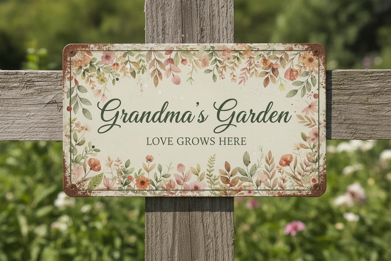 Grandma's Garden Love Grows Here Tin Sign, 8x12 Inch