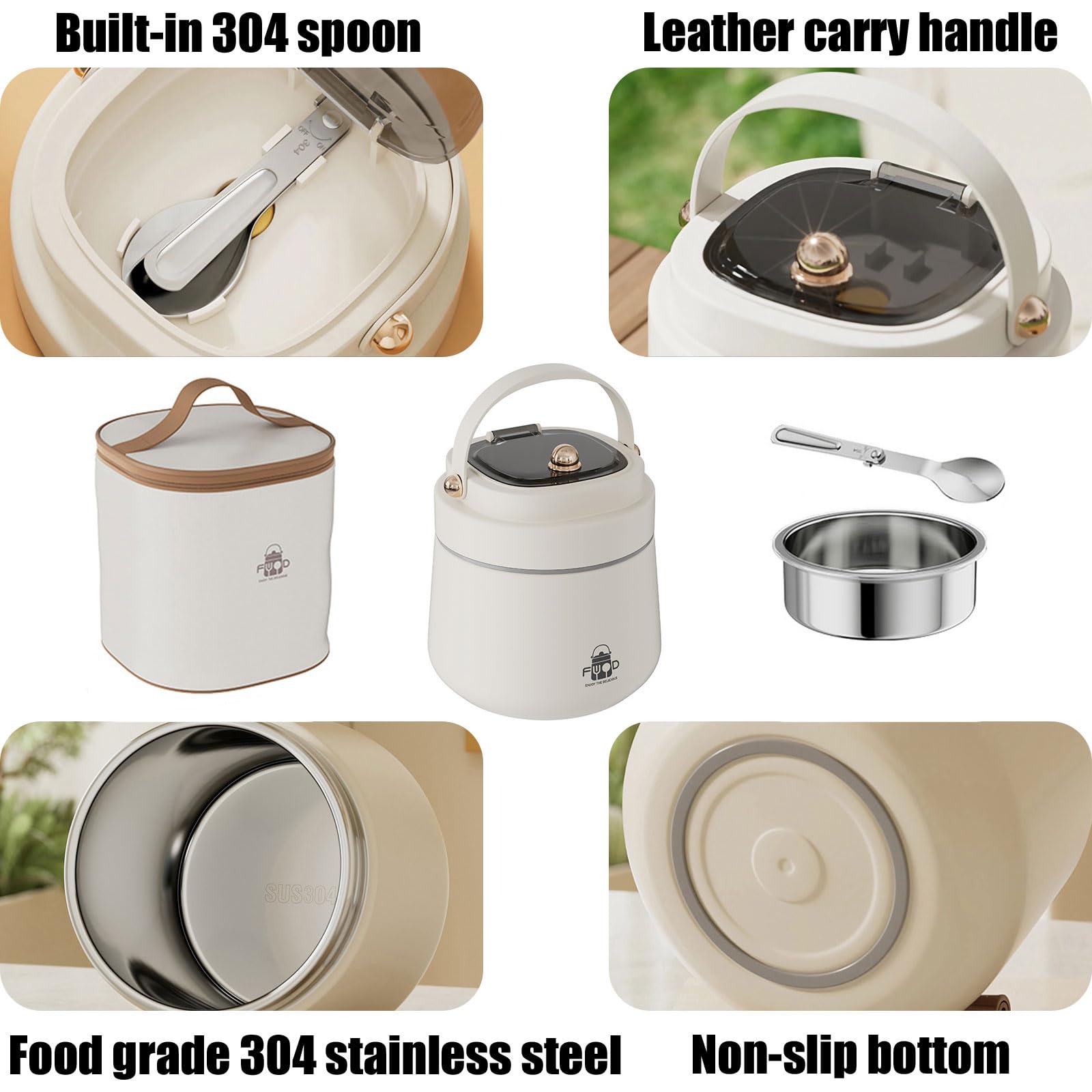 LANMOU Termo Para Comida Caliente 1200ml Recipiente Térmico Para Comida, Frasco Acero Inoxidable Contenedor Térmico con Bolsa Aislada e Cuchara Plegable, a Prueba de Fugas, Para Bebe Adultos y Niños
