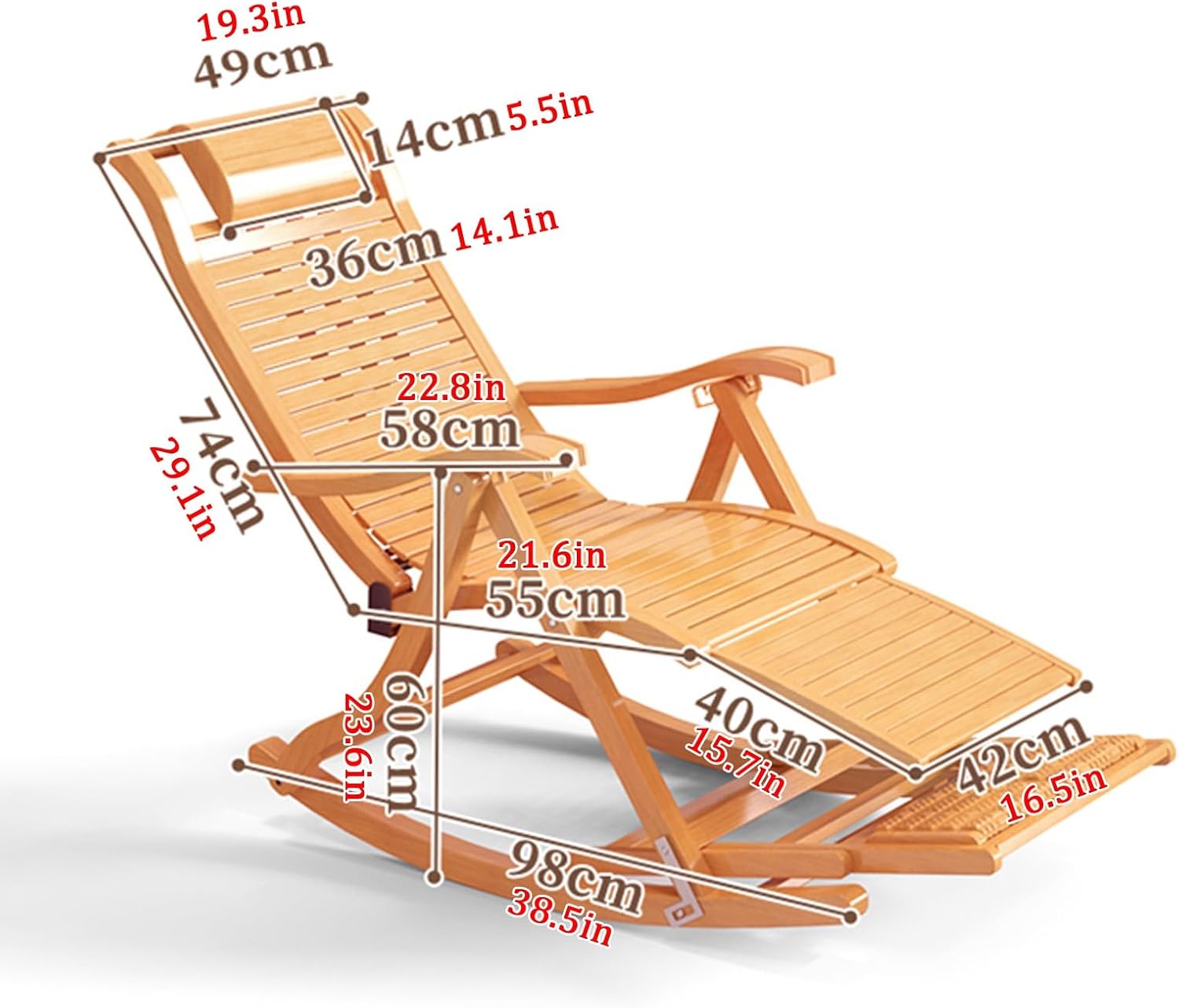 Foldable Recliner, Rocking Chair with Massage Footrest, Elderly Adult Lounge Chair, Adjustable Backrest, Outdoor Rocker Armchair, Bamboo Leisure Chair, Bearing Capacity 300kg (Color : Brow