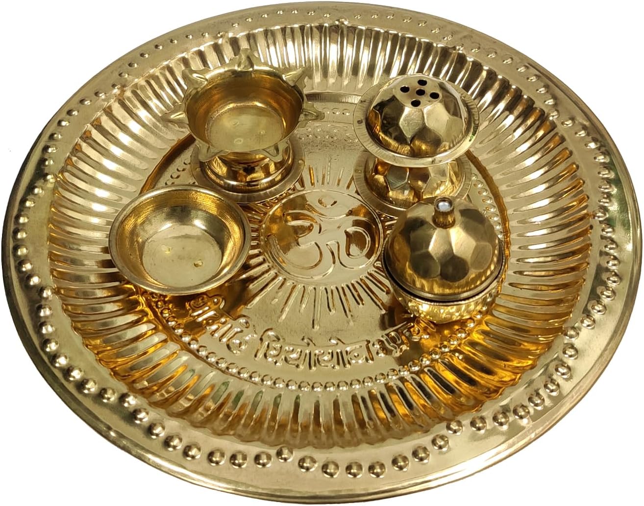 Purpledip Pooja Plate Thali: Diya, Katori Bowl, Sindoor-Chawal Box, Incense Sticks Stand (12238)