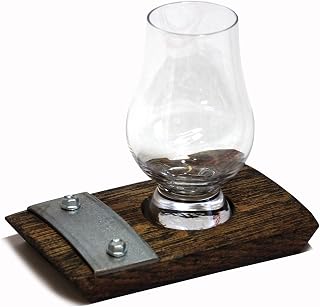 Barrel Stave Whiskey Bourbon Scotch Coaster with Glass and Galvanized Steel, Dark Walnut