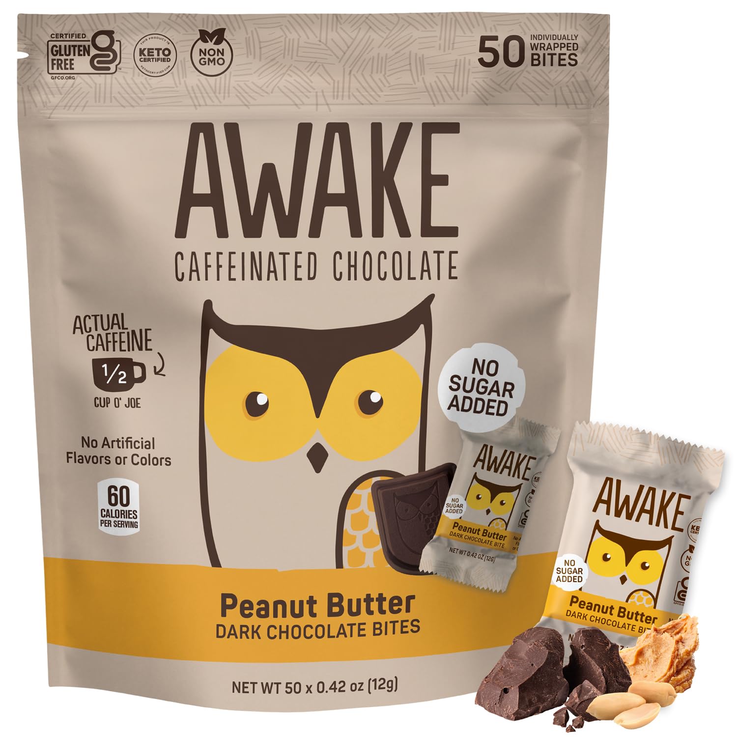AWAKE - Caffeinated Chocolate Bites - Peanut Butter Dark Chocolate (No Sugar Added), 50 Bites - 50mg Caffeine - Energy Bites - Coffee Alternative - Fairtrade, Gluten Free, Non GMO - 0.48oz