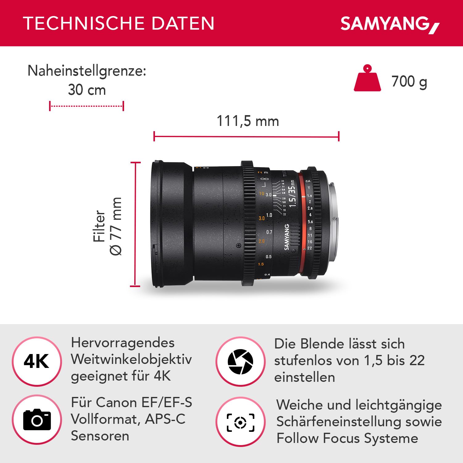 SAMYANG 7810 35/1,5 Objektiv Video DSLR II Canon EF manueller Fokus Videoobjektiv 0,8 Zahnkranz Gear, Weitwinkelobjektiv schwarz
