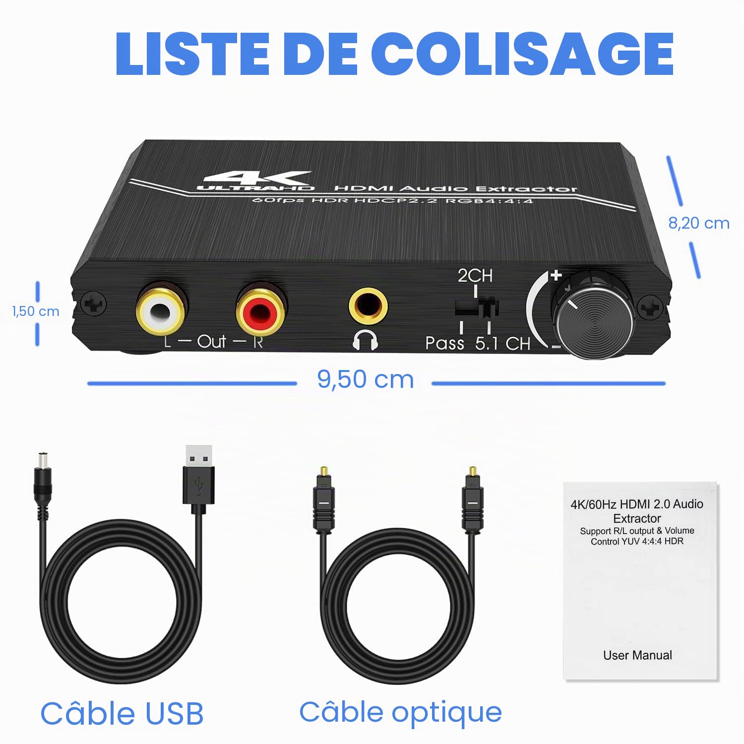 Diviseur audio HDMI 2.0 4K HDMI vers SPDIF optique Toslink 3,5 mm AUX stéréo RCA L/R convertisseur audio avec contrôle du volume, compatible avec 4K @ 60 Hz HDCP 2.2 HDR 3D YUV 4:4:4
