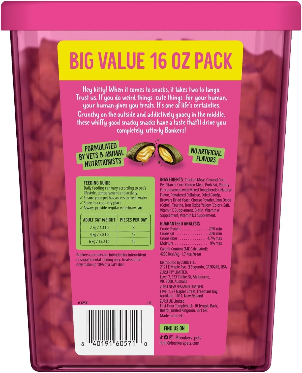 Bonkers Bites, Catnip and Chick 'N' Cheddar Flavor, Crunchy and Soft Texture Snacks, Low Calorie Healthy Treats, No Artificial Flavors, Perfect for Playtime Training Rewards, 2 Pack of 16 oz Tub