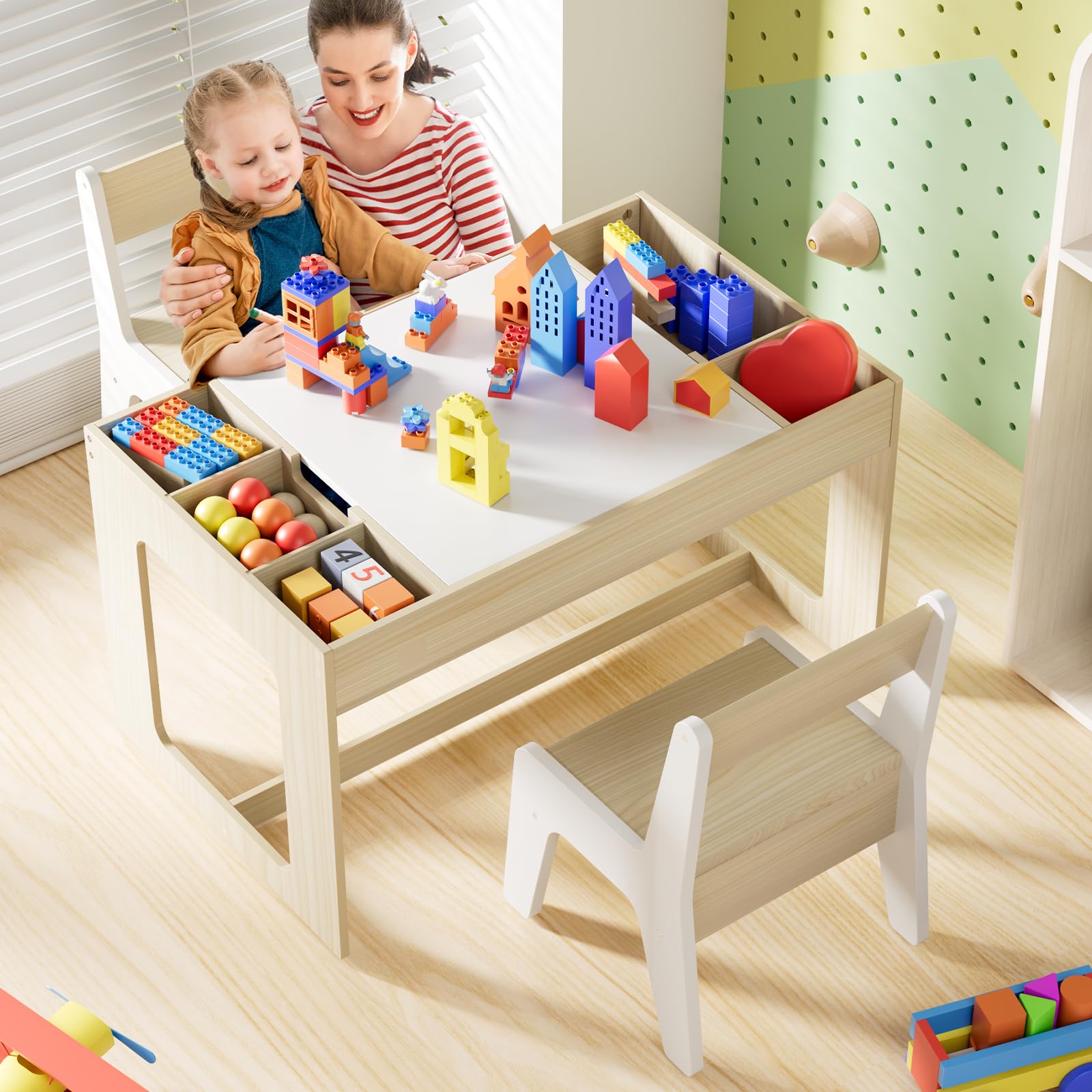 Clevich Table avec 2 Chaises avec Rangement, pour Enfant avec Plateau de Table Réversible, Bureau avec 2 PCS Chaise pour l'école, la Garderie, Bureau Enfant 3 Ans, Blanc