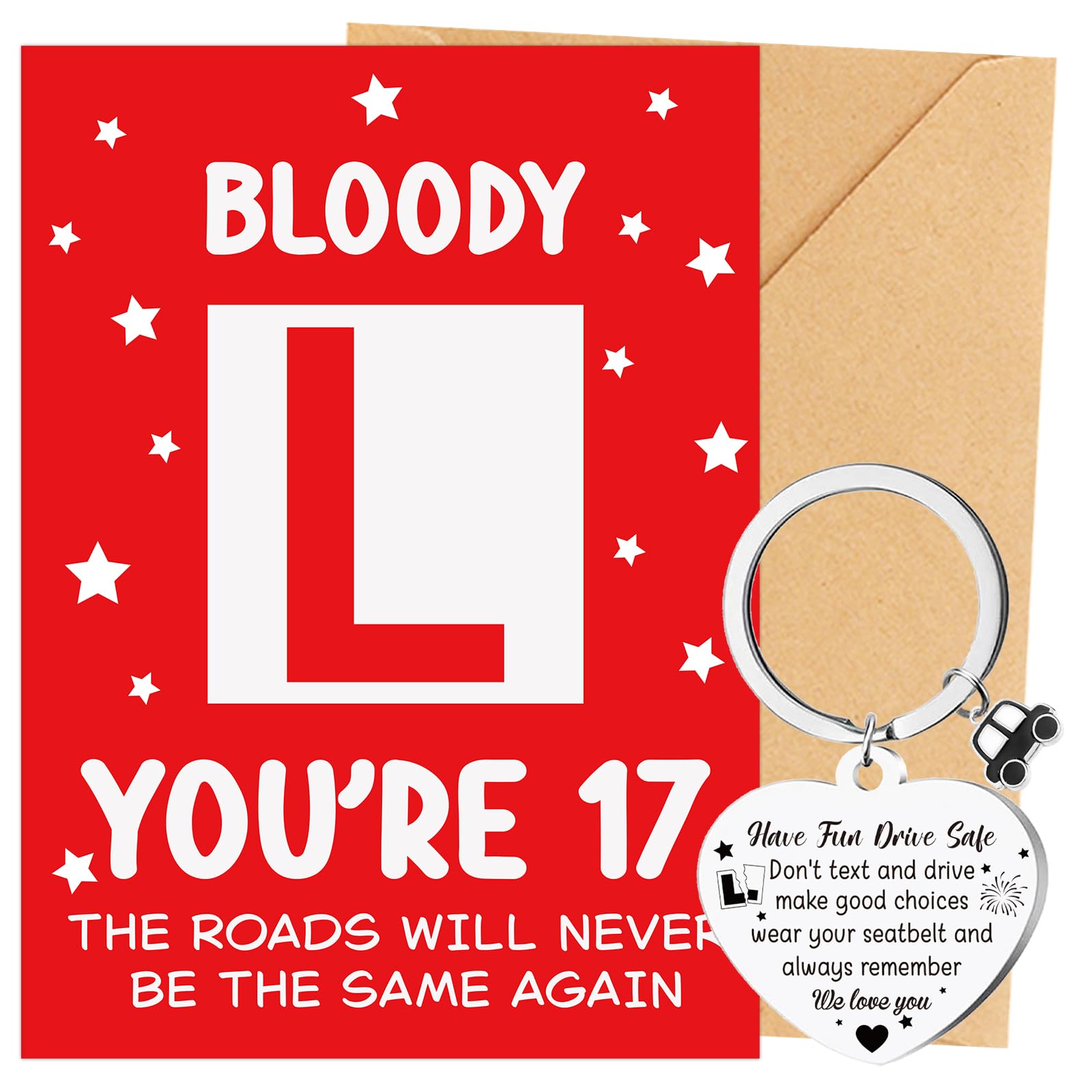 Eiapadeor 17th Birthday Card Gift - Learner Driver Card with Envelope and Keyring New Driver Gifts for 17 Year Old Friends Teens Son Daughter Brothers Sister — image 1