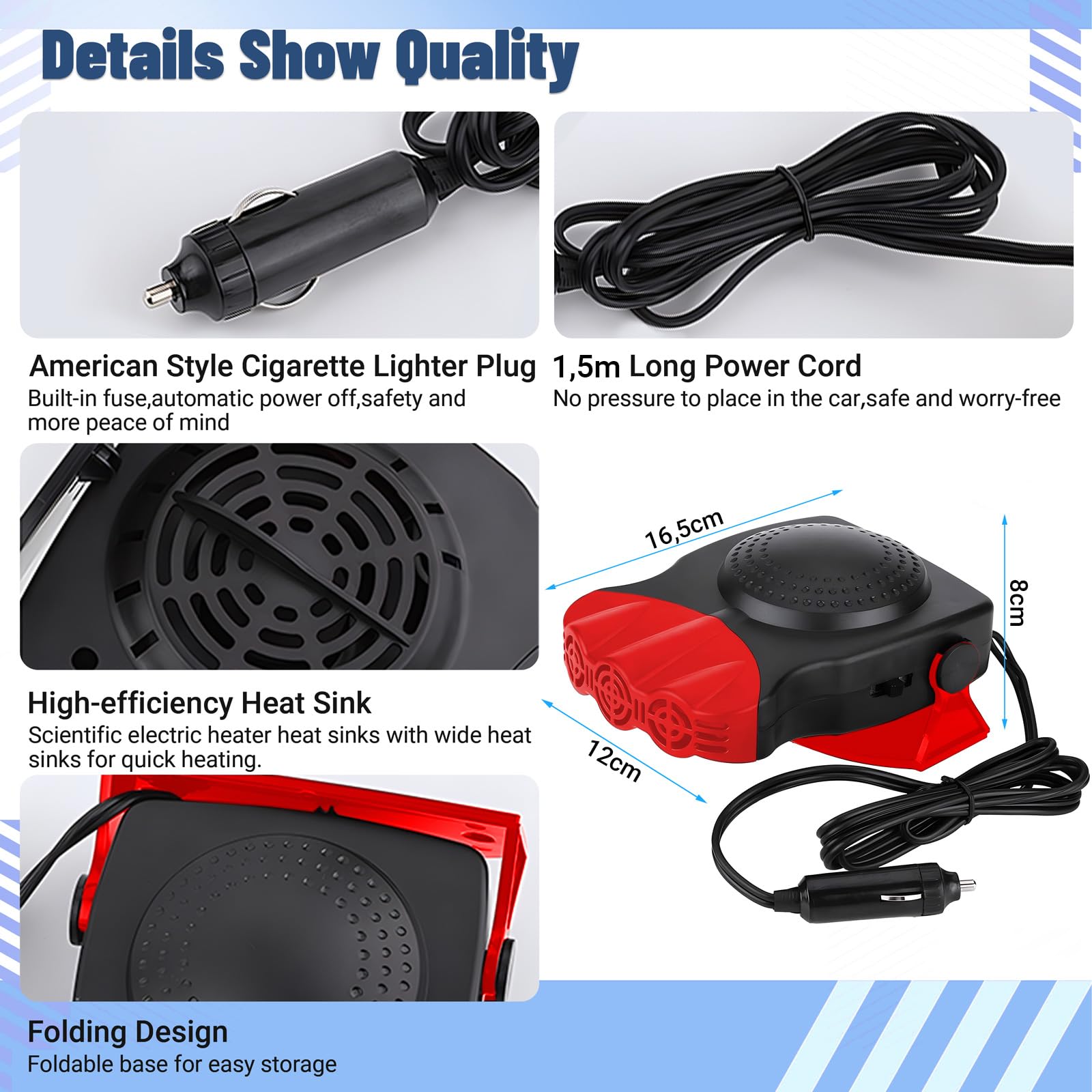 Qidoe 2024 Riscaldamento Auto da 12V: 200W Portatile Stufetta Auto 12 Volt Automobile Riscaldante per Parabrezza Ventola di Riscaldamento Rapida Sbrinatore con Accendisigari per Auto, Camper, Camion