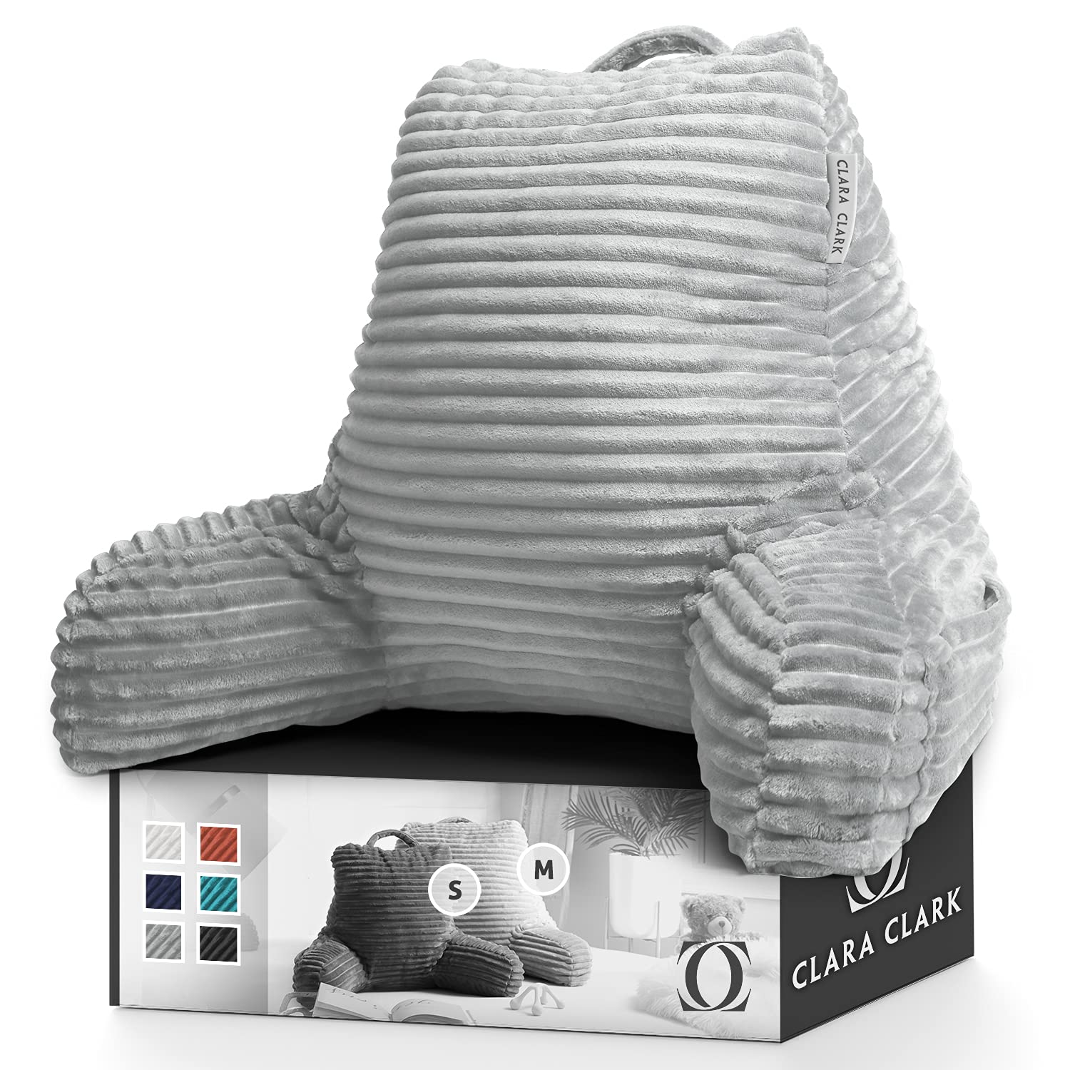 Clara Clark Reading Pillow for Bed Adult–Back Pillow for Sitting in Bed, Standard Plush Bed Pillows for Sitting Up in Bed, Shredded Foam Bed Chair Pillow with Arms and Pockets, Silver Bed Rest Pillow