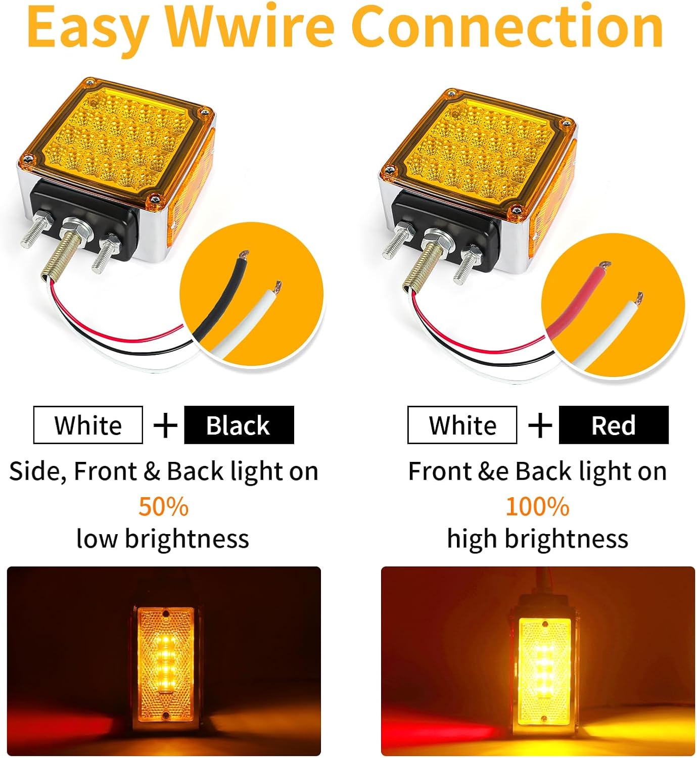 2Pcs Amber/Red Double Face Led Turn Signal Light with Stud Mount, Square 52 LED Trailer Fender Lights for Semi Trucks Heavy Truck Trailer