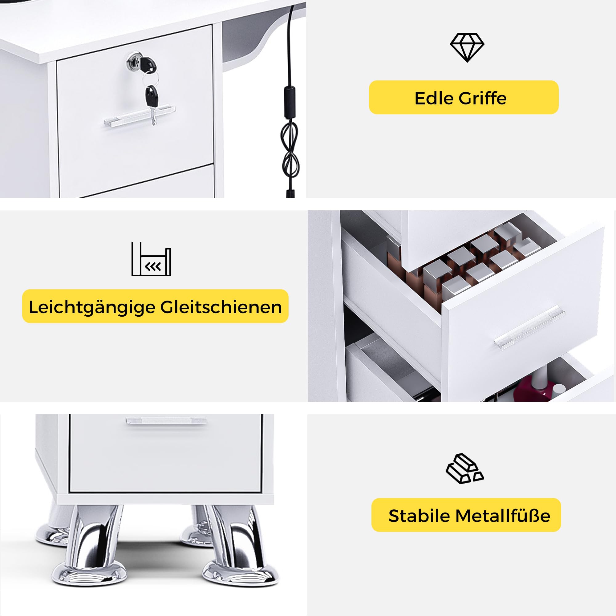Nageltisch mit Staubabsaugung, Stabiler Manikürtisch mit 3 Schubladen, 3 Schränken, 4 Staubsaugerbeuteln, Handauflage, Profi Nagelstudio Tisch für Maniküre & Nageldesign, Weiß