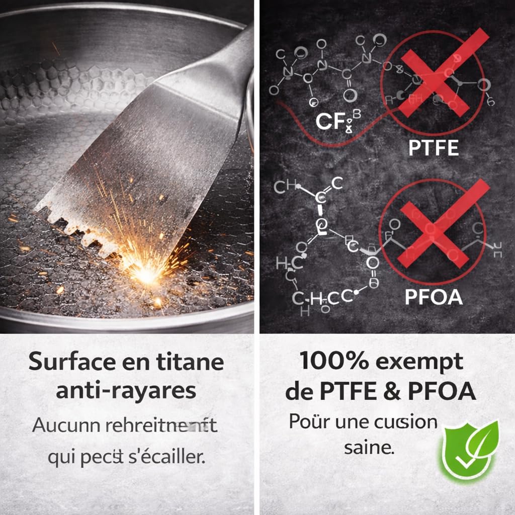 DZ'HUE Titanex - Poele Antiadherente Titane, Avec Spatule, Sans Revetement Chimique, Compatibles Induction, Gaz, Vitroceramique, Four (26cm,Without Lid)