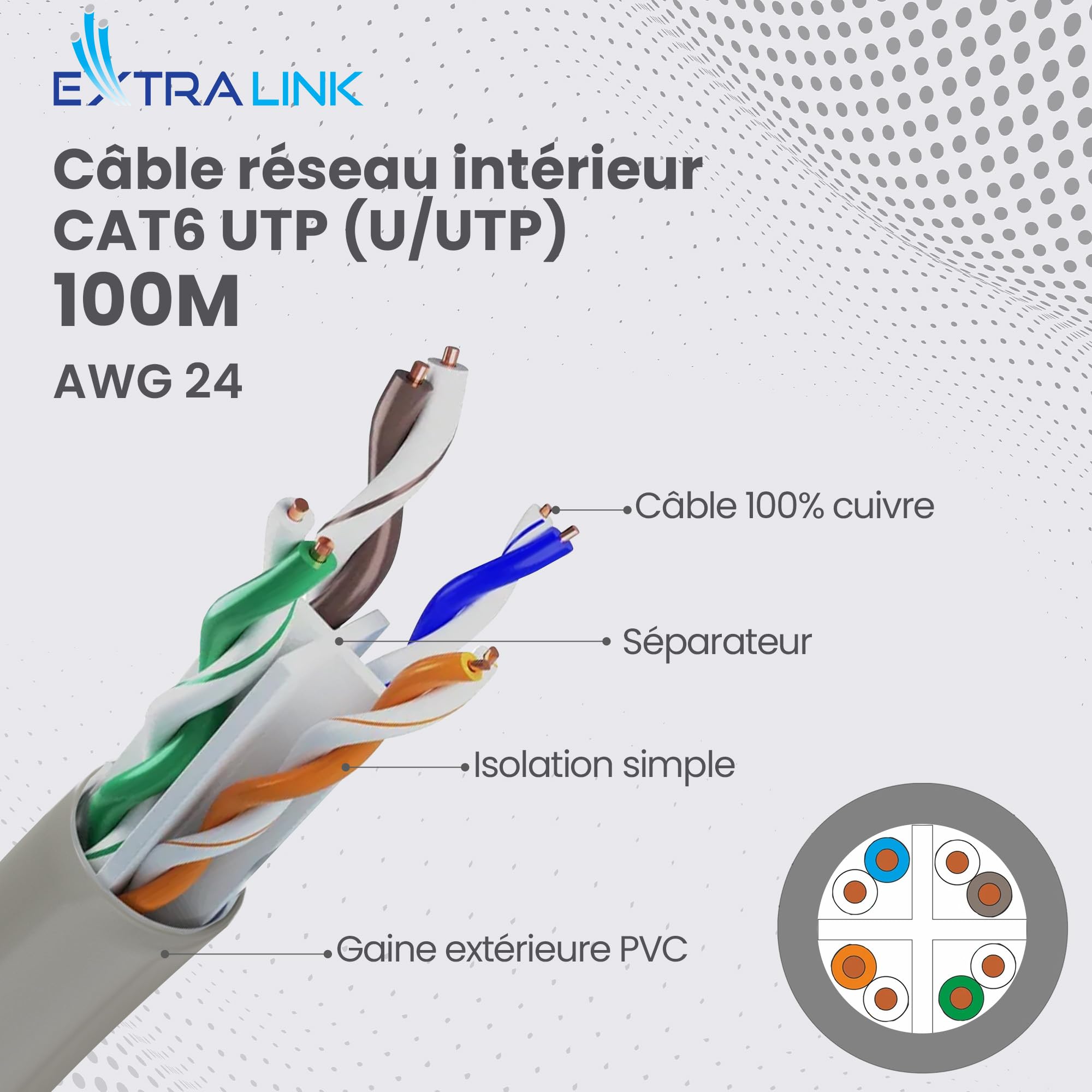 EXTRALINK Câble Ethernet CAT6A U/UTP Intérieur 100m 10Gb/s Cuivre Pur PoE